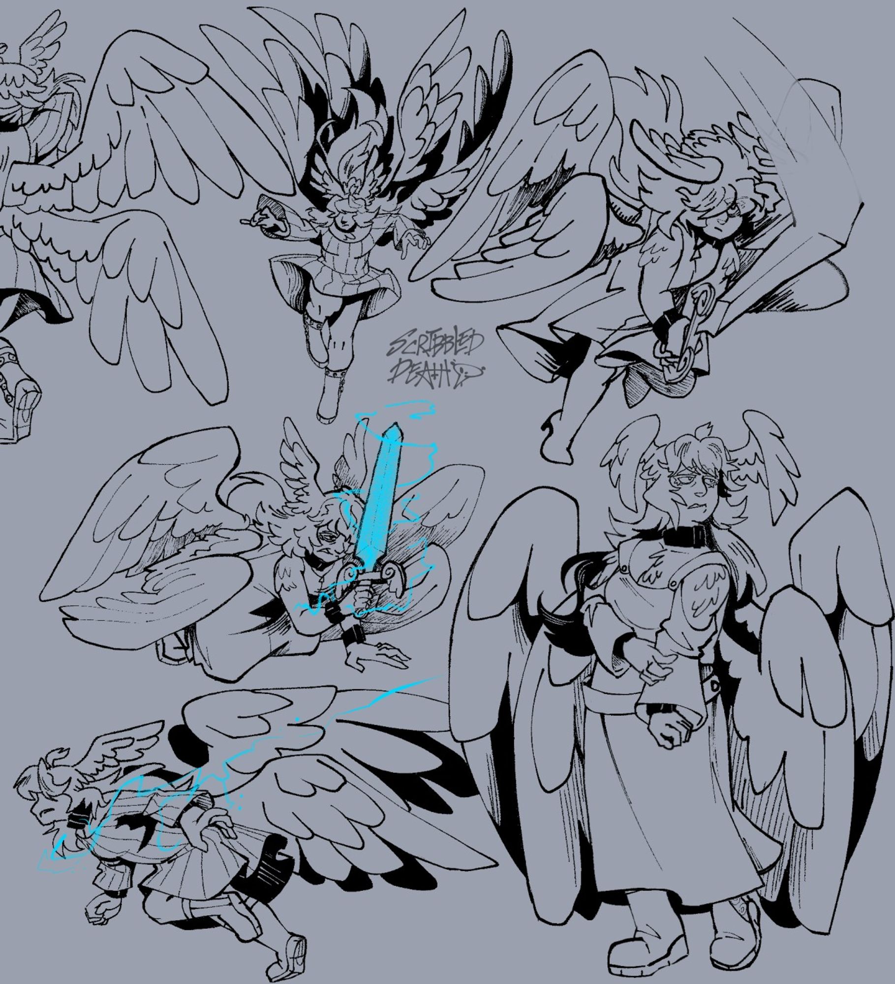 6 winged dove gal in various poses, digitally inked, no colors than a few bits of bright blue lightning resonating from her sword and hands. She's leaping from above, running with sword jetting in front, crouching raising lightning sword, running with hands out as lightning trails off them than just standing clutching her arm in fear.