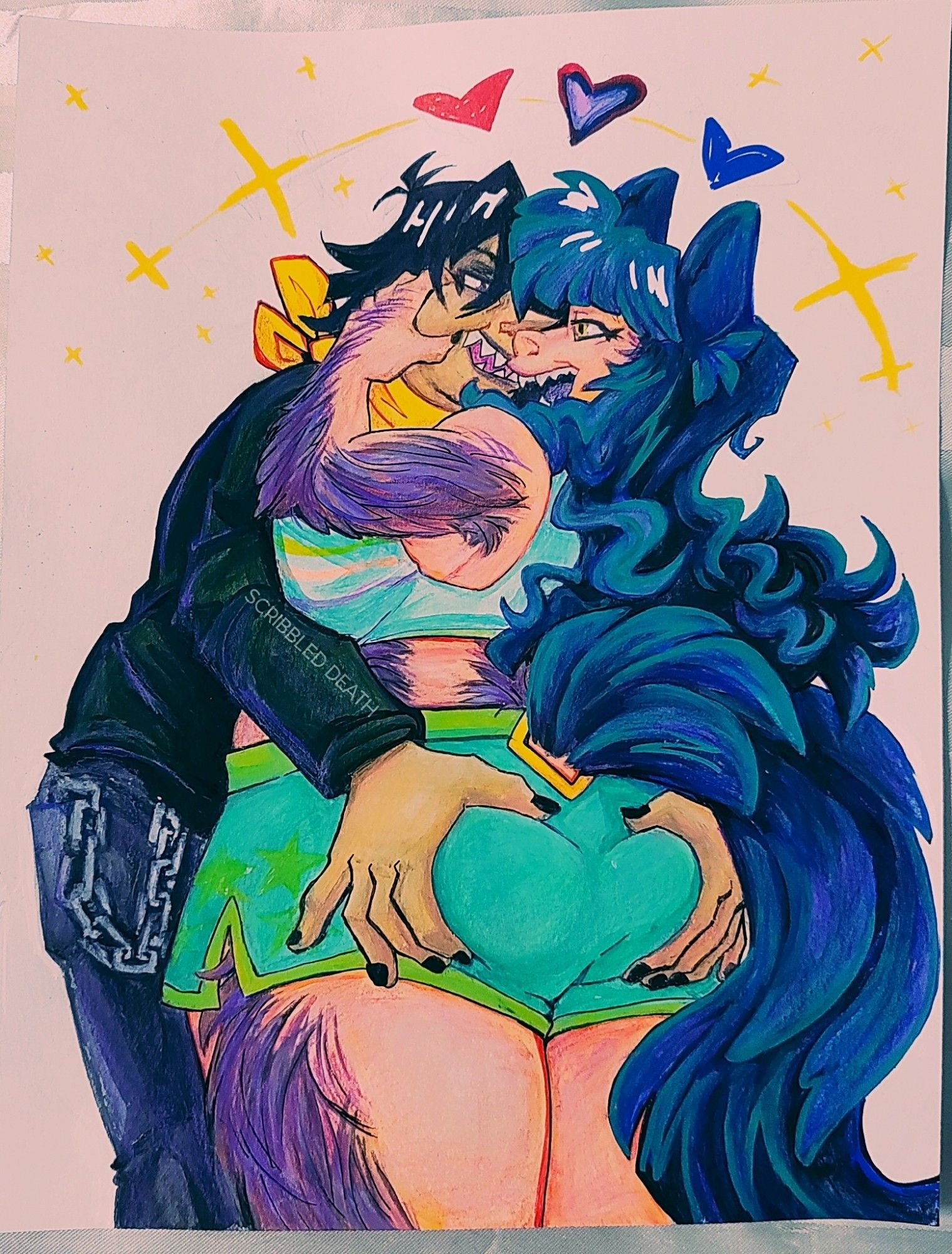 two anime style characters hugging, entangled and in love. Werewolf gal is grabbing her boyfriend's smiling face, pinching his cheek. Boyfriend who is half shark monster, humanoid form and dressed up in subtle goth style with black nails and make up, grabbing his girlfriends butt.
Colored in acrylic paint markers, white void background.