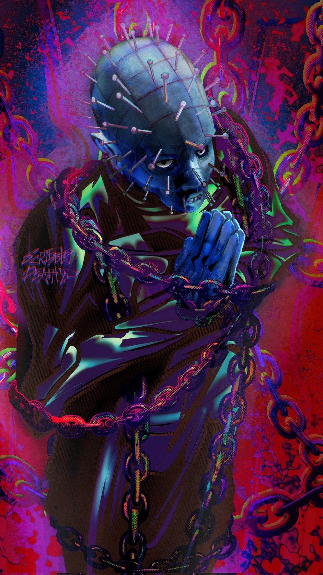 vibrant limited color digital illustration of Pinhead from the Hellraiser movie. He is wearing his full shiny latex body suit and wrapped up in chains praying looking up devilishly at you. Neon red is the abstract splattered void behind him, and neon green and blue highlights on him.