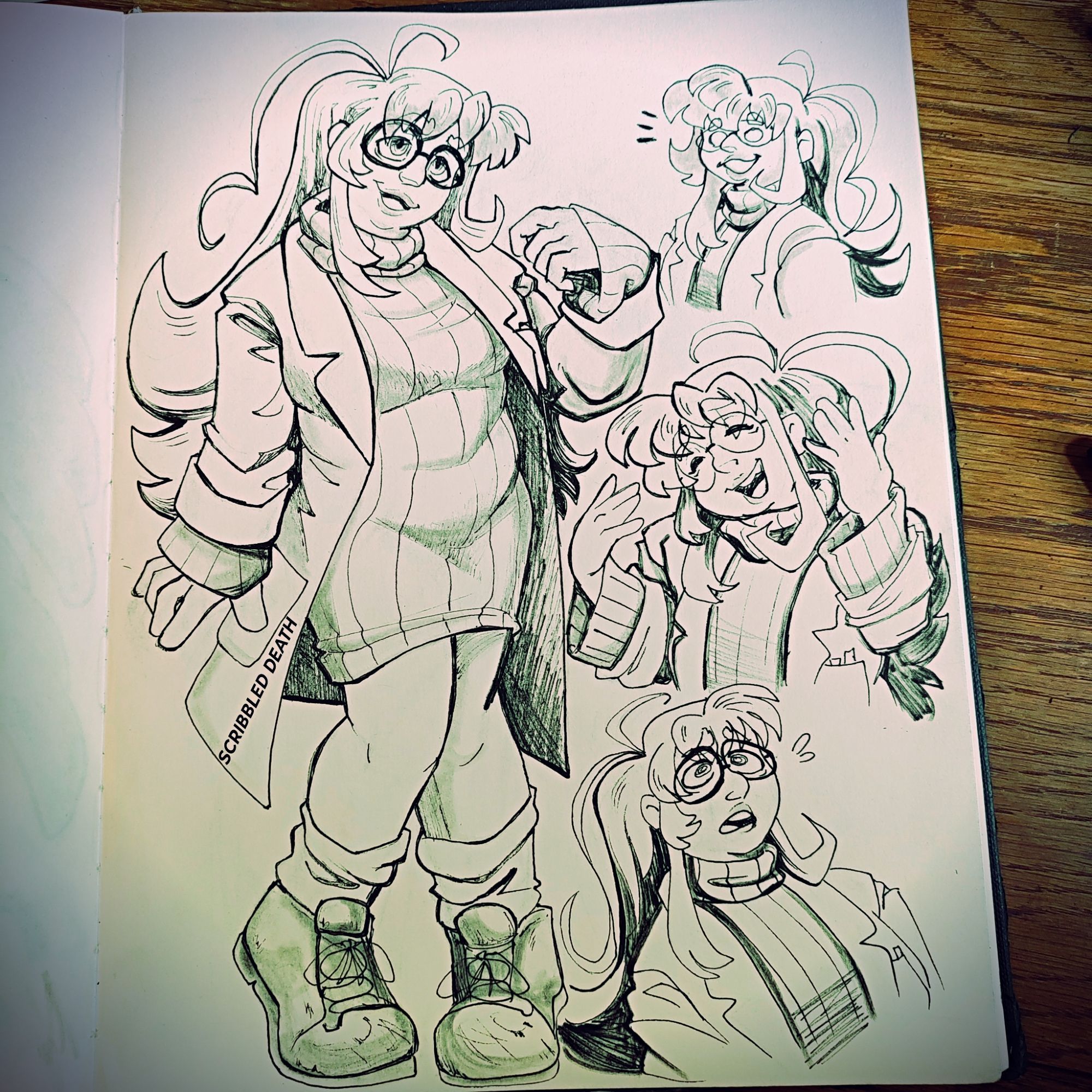 Sketchbook inked anime styled art of a human scientist girl. Late 20s age. Long messy hair and large glasses, wears a lab coat over a knitted turtleneck dress that is mid thigh length but the long sleeves that nearly hide her hands, large socks and scuffed up dress shoes.
Full body standing pose, then 3 expressions of curious, laughing and shock. She embodies the nerd vibe.
Chubby build body type.