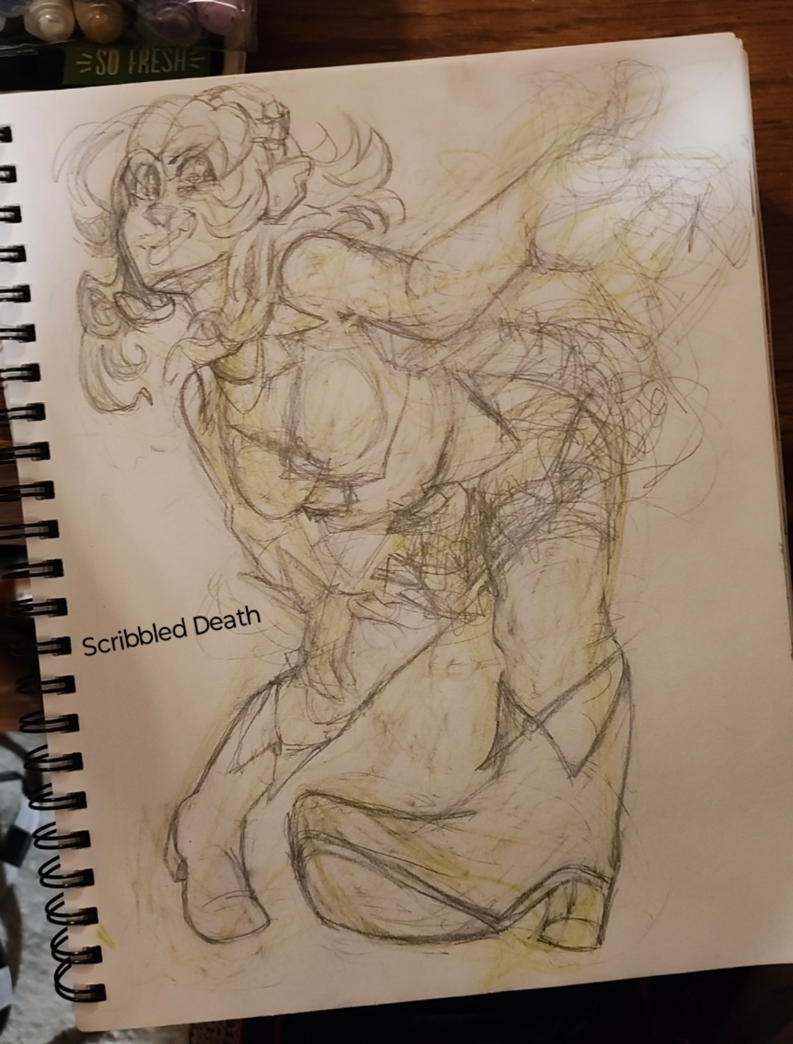 sketchbook doodle of an anime style character, Vocaloid Gumi, she's wearing her original look- crop top vest and fluffy ruffled skirt, knee high boots. She's standing dynamically one hand resting on a leg the other pointing towards the viewer.