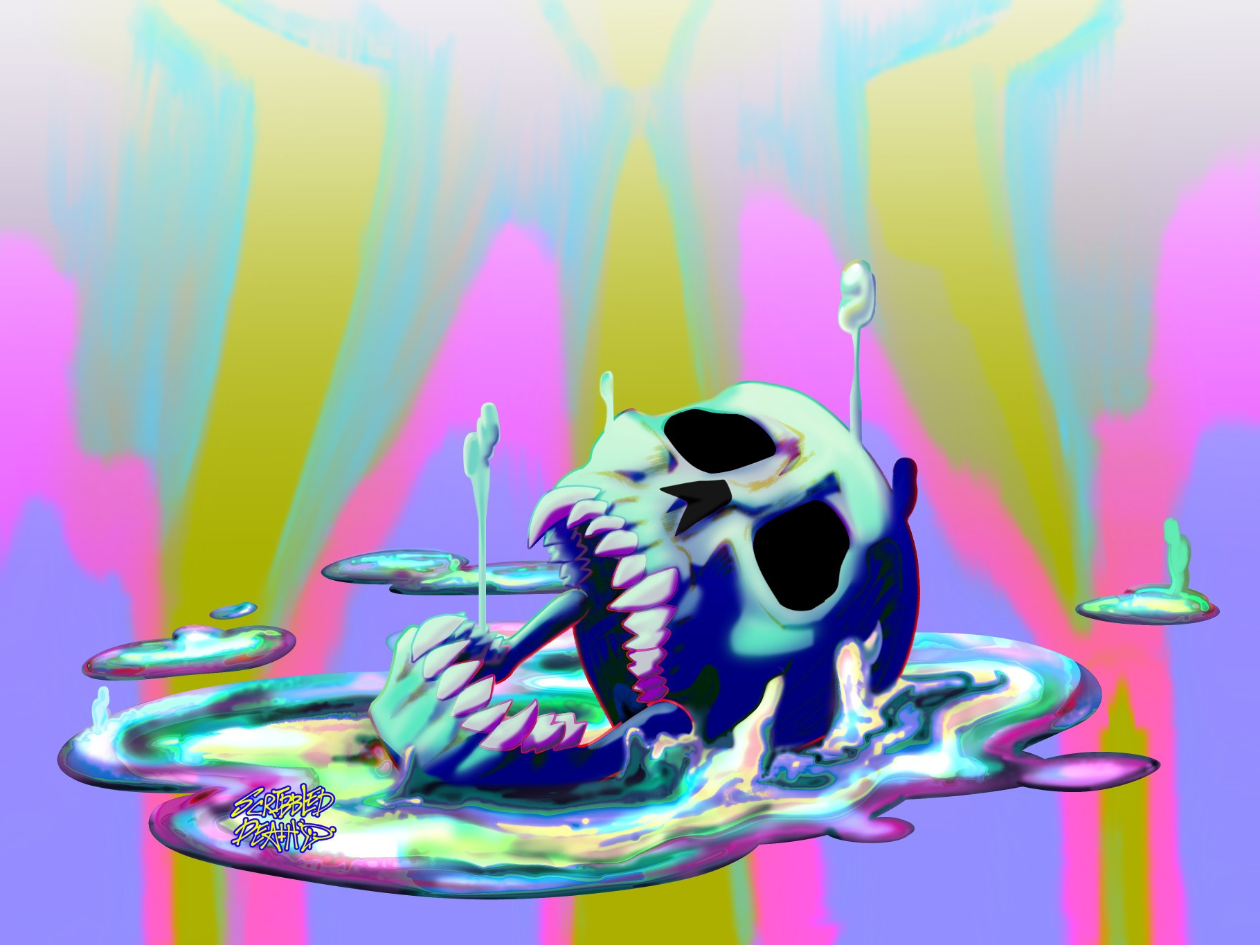 A human skull that is melting into the ground, a rainbow puddle is below it, yet the puddle is dripping upwards into the sky. Like the liquid mercury metal. Rainbow colors abstract the background and melt into the floor.