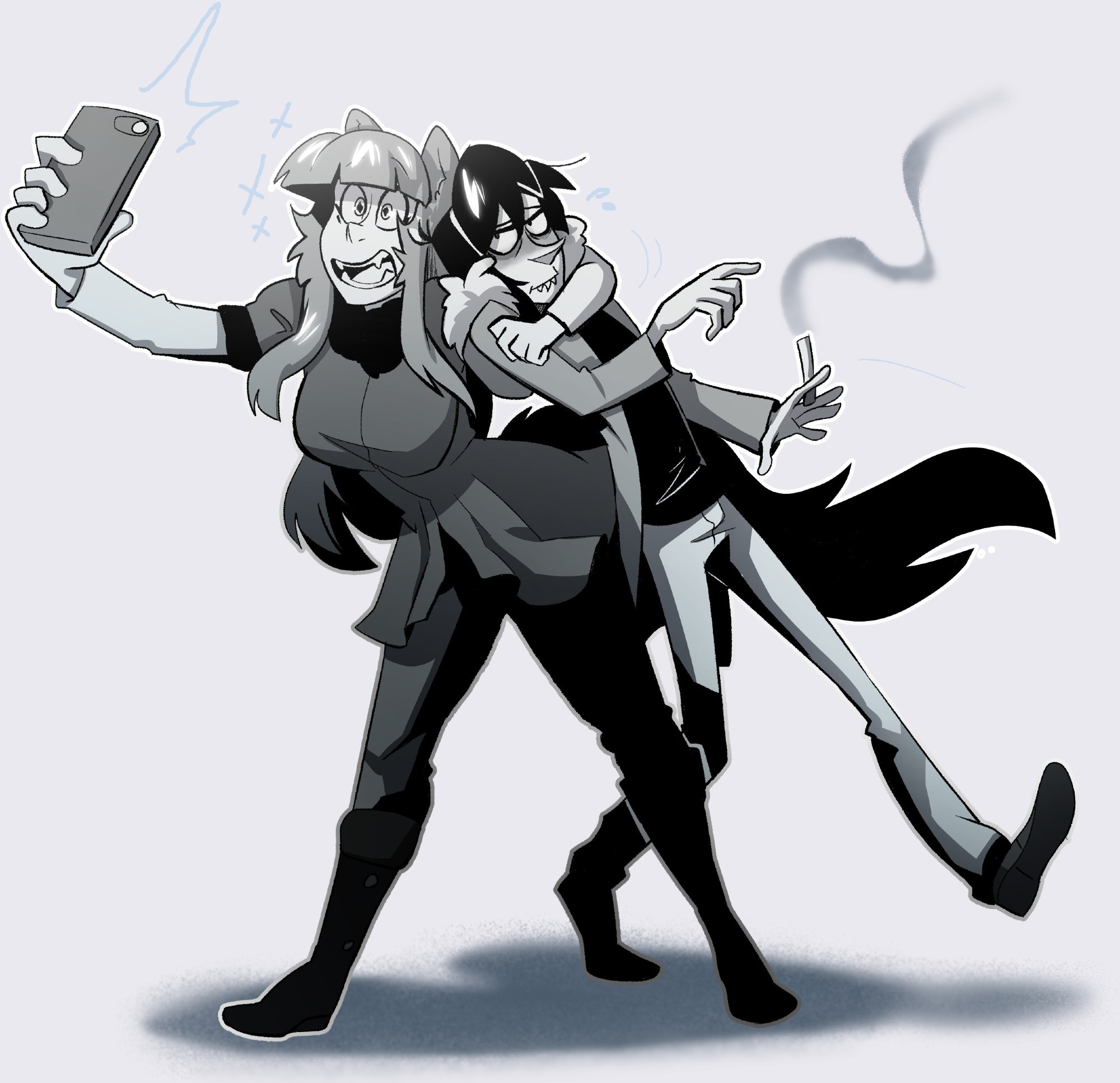 greyscale inked anime style art of my wolfgal Kendo and sharkman Kisame, Kendo is grabbing Kisame into taking a selfie and while he is embarrassed he's enjoying the awkward moment they have together.