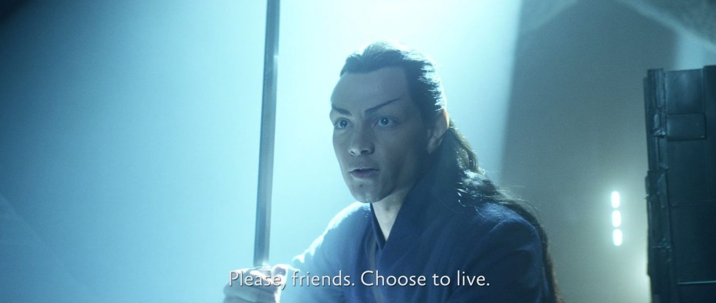 Elnor from Star Trek: Picard, saying "Please, friends. Choose to live." (the ritual incantation/warning of the Qowat Milat sect right before they inevitably kick your ass)