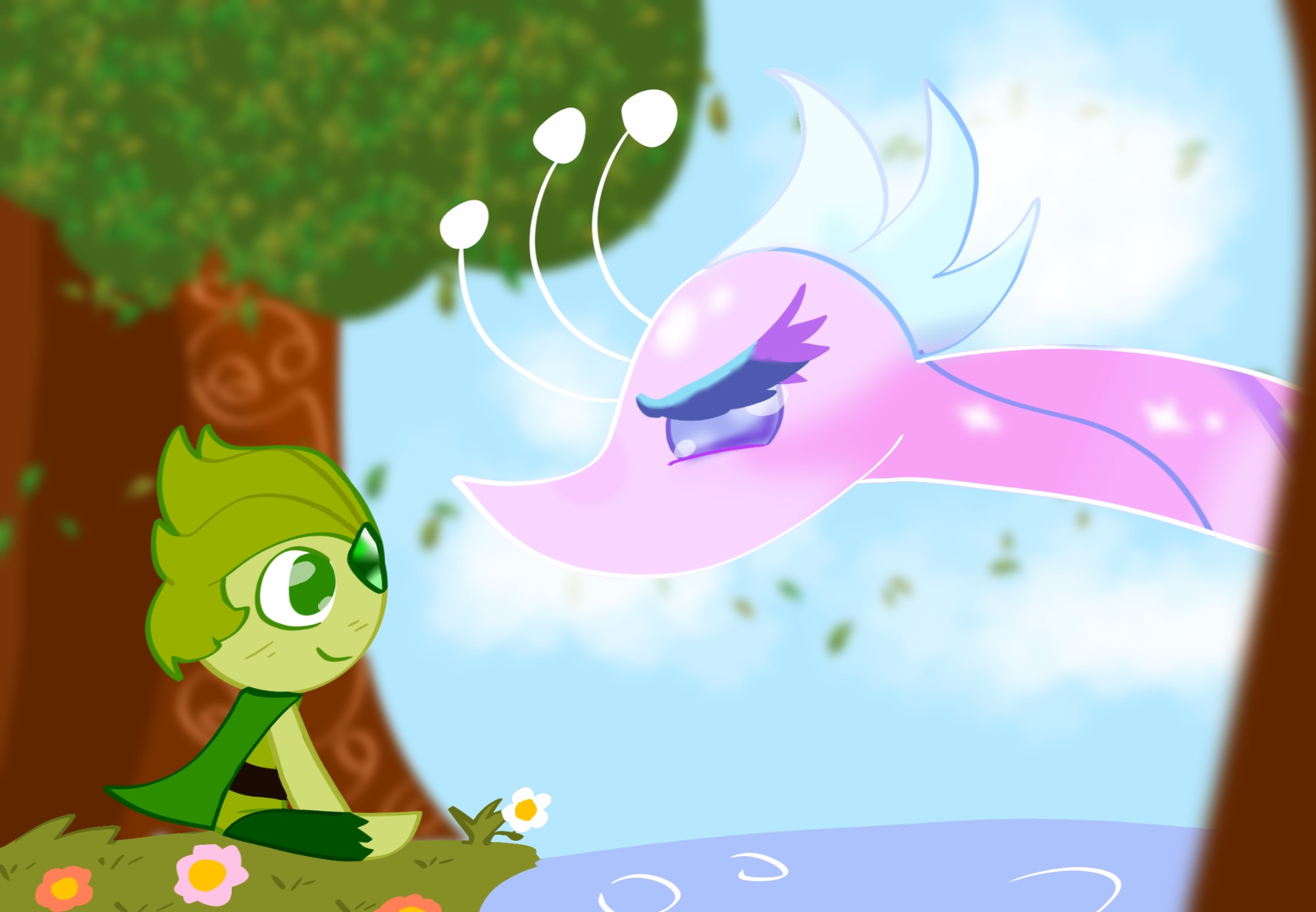 A drawing of the mobile game cookie run oven break, the drawing has young wind archer cookie sitting on the grass in front of a lake where the sugar swan is looking at him with motherly eyes