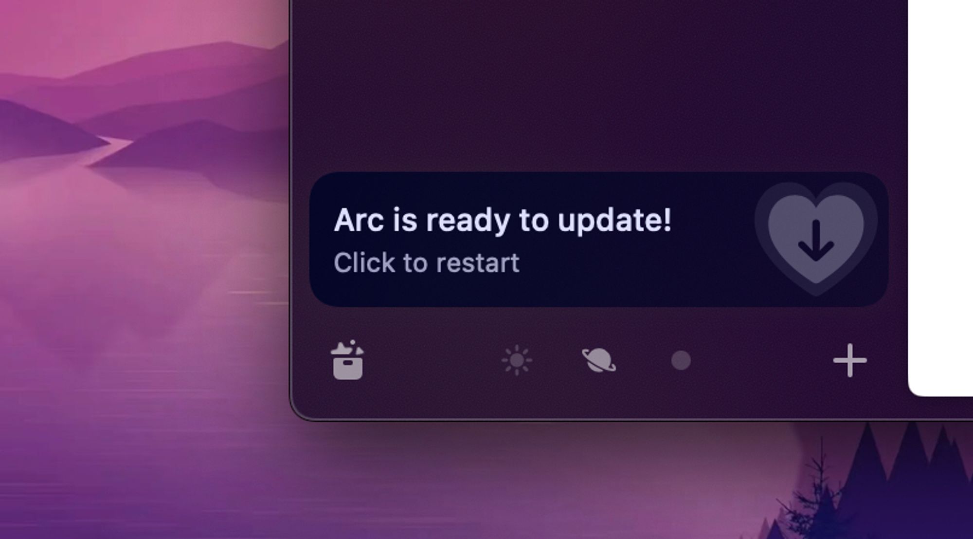 A screenshot of the notification in Arc browser that says that it is ready to install an update