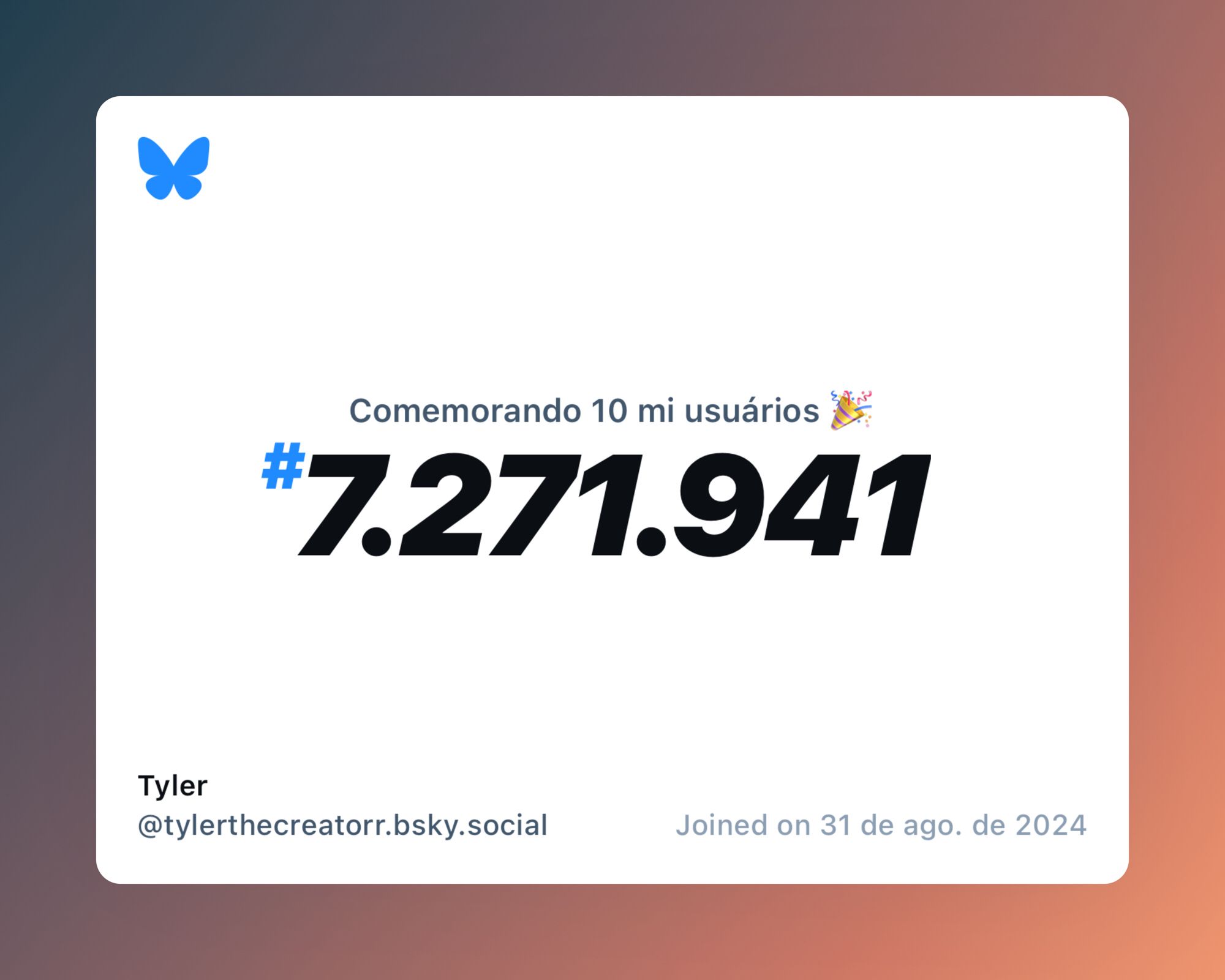 Um certificado virtual com o texto "Comemorando 10 milhões de usuários no Bluesky, #7.271.941, Tyler ‪@tylerthecreatorr.bsky.social‬, ingressou em 31 de ago. de 2024"