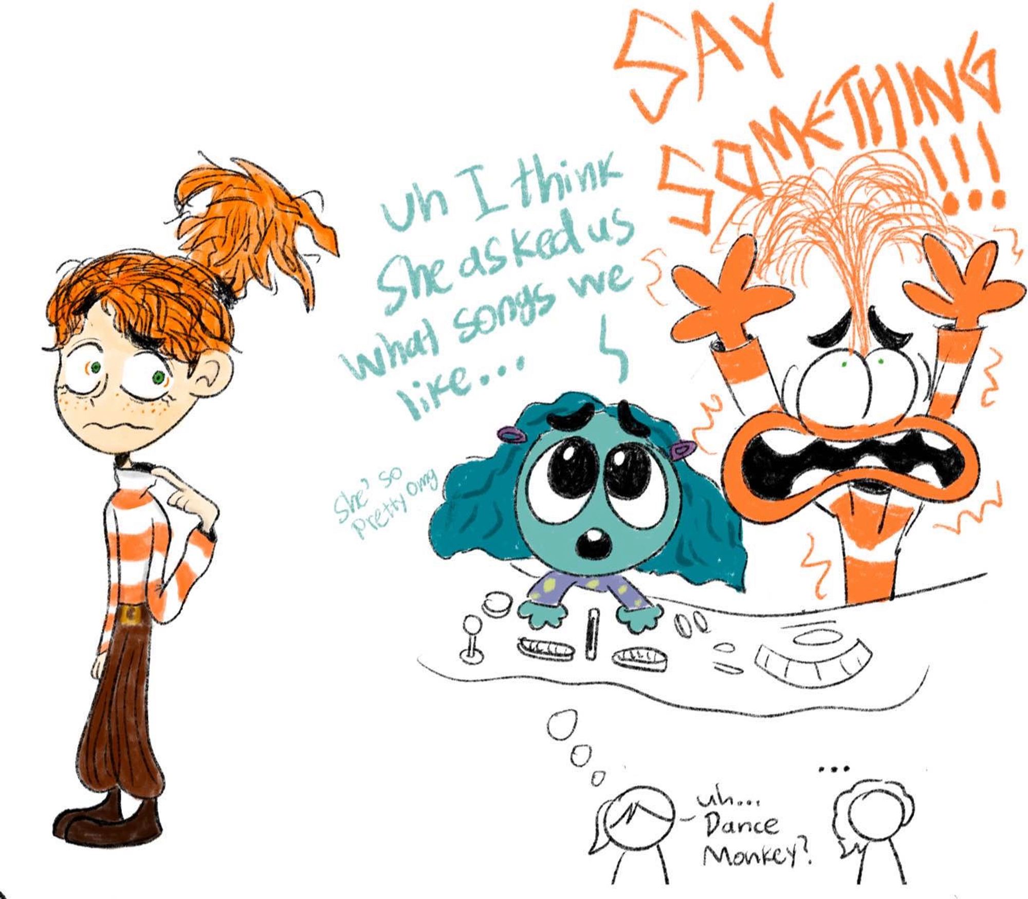 Doodles of a human Anxiety, and Envy and Anxiety panicking after being asked what songs Riley likes, Anxiety makes her reply with “Dance Monkey”