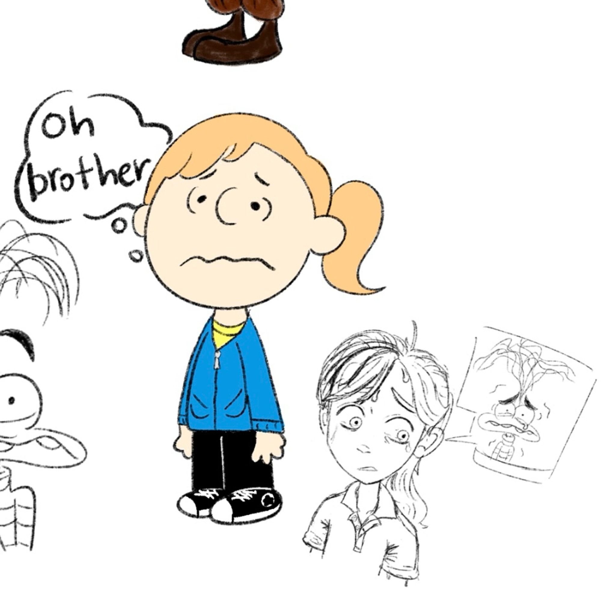 A doodle of Riley in the Peanuts style, and a nervous Riley with an equally nervous Anxiety