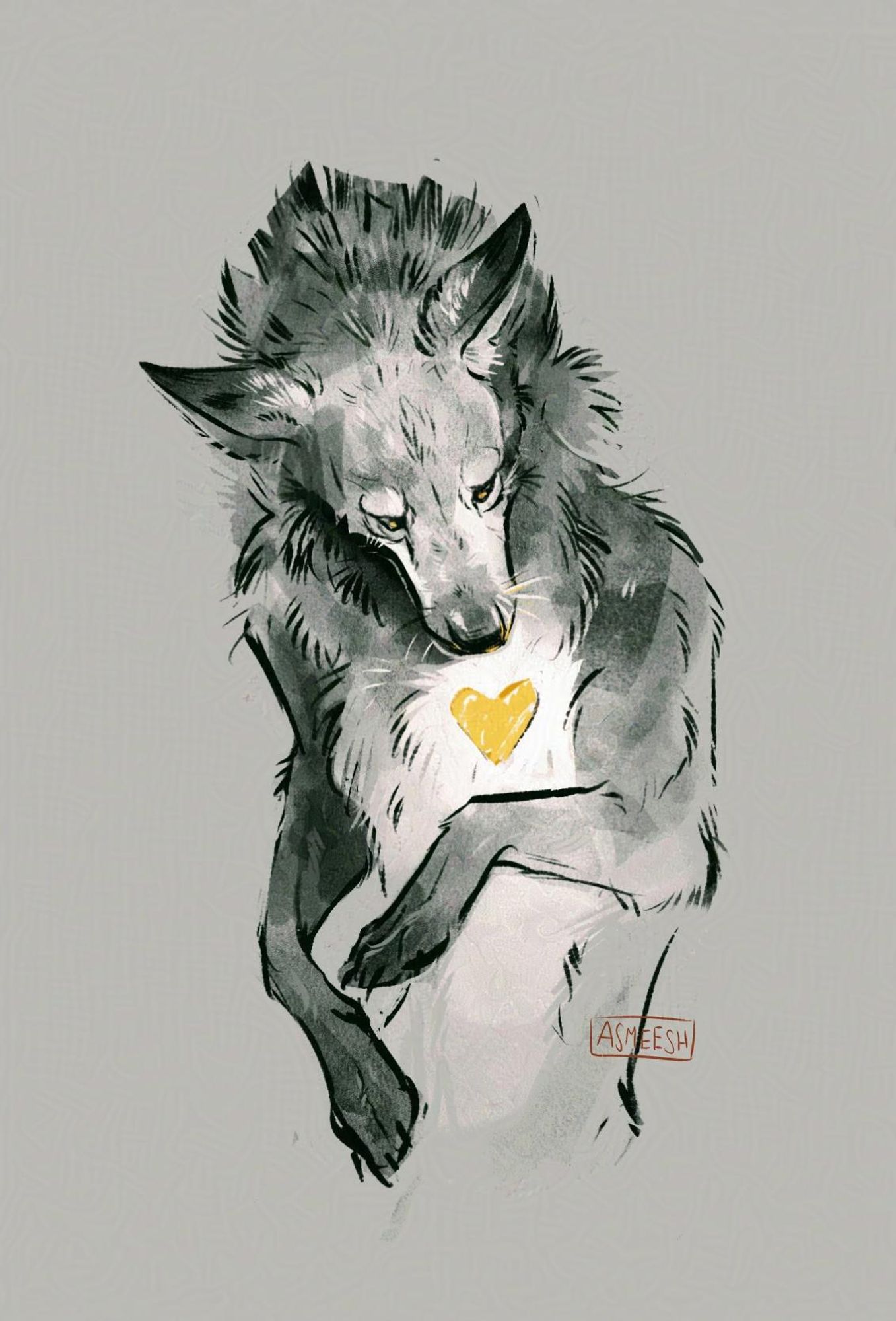 a black and white sketchy illustration of a werewolf, or lanky wolf from the waist up. It lies on its back, paws limp near the torso, head craned down to look at the gold-yellow heart sketched on its chest.