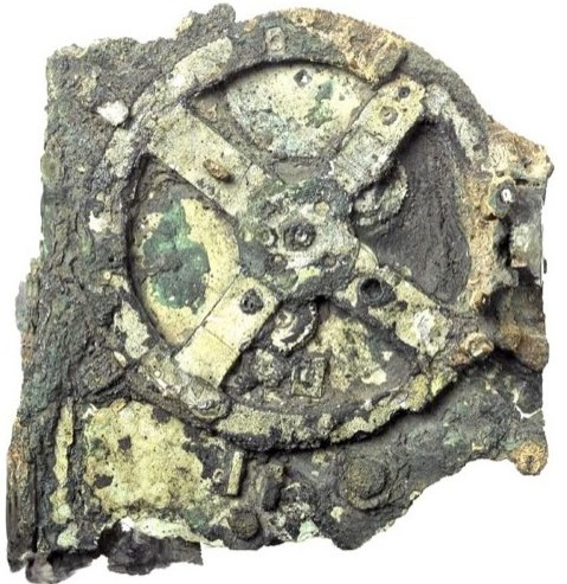 Image of the mysterious Antikythera Mechanism found in an ancient Grecian shipwreck, encrusted and corroded.