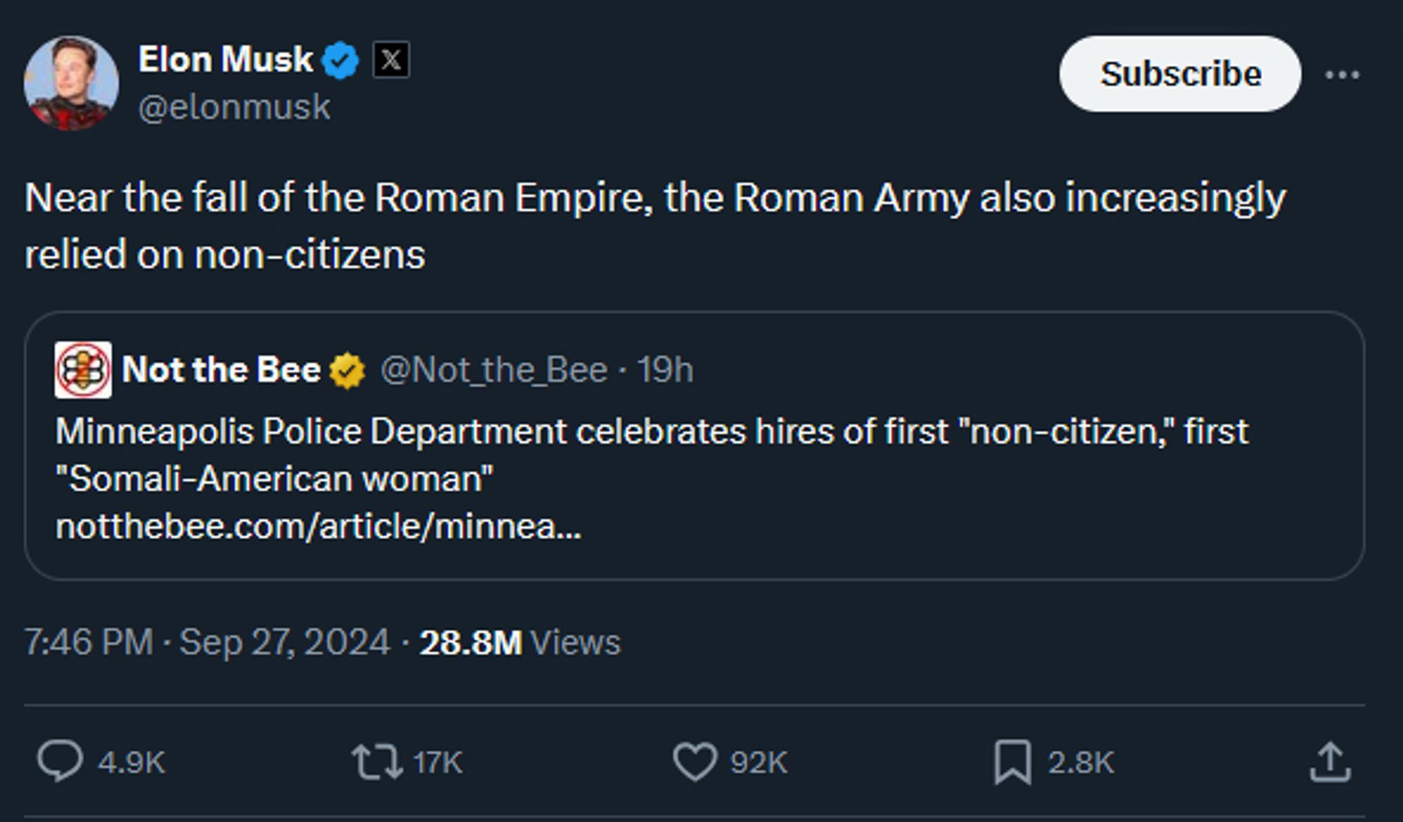 An Elon Musk tweet, claiming that "Near the fall of the Roman Empire, the Roman Army also increasingly relied on non-citizens," a claim that is, at best, deceptive.