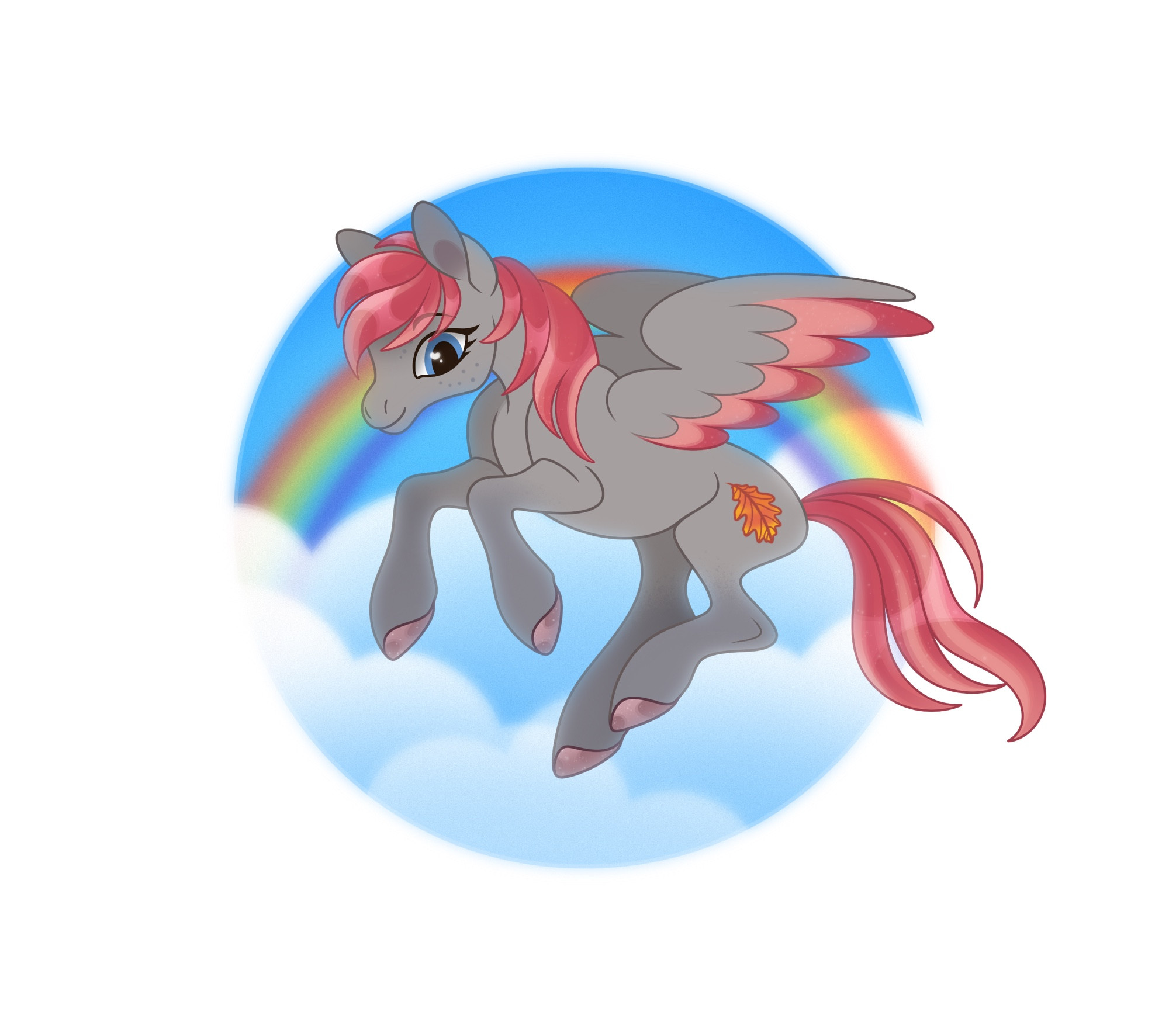 A Pegasus mare in flight, hovering above the clouds with a rainbow in the background.