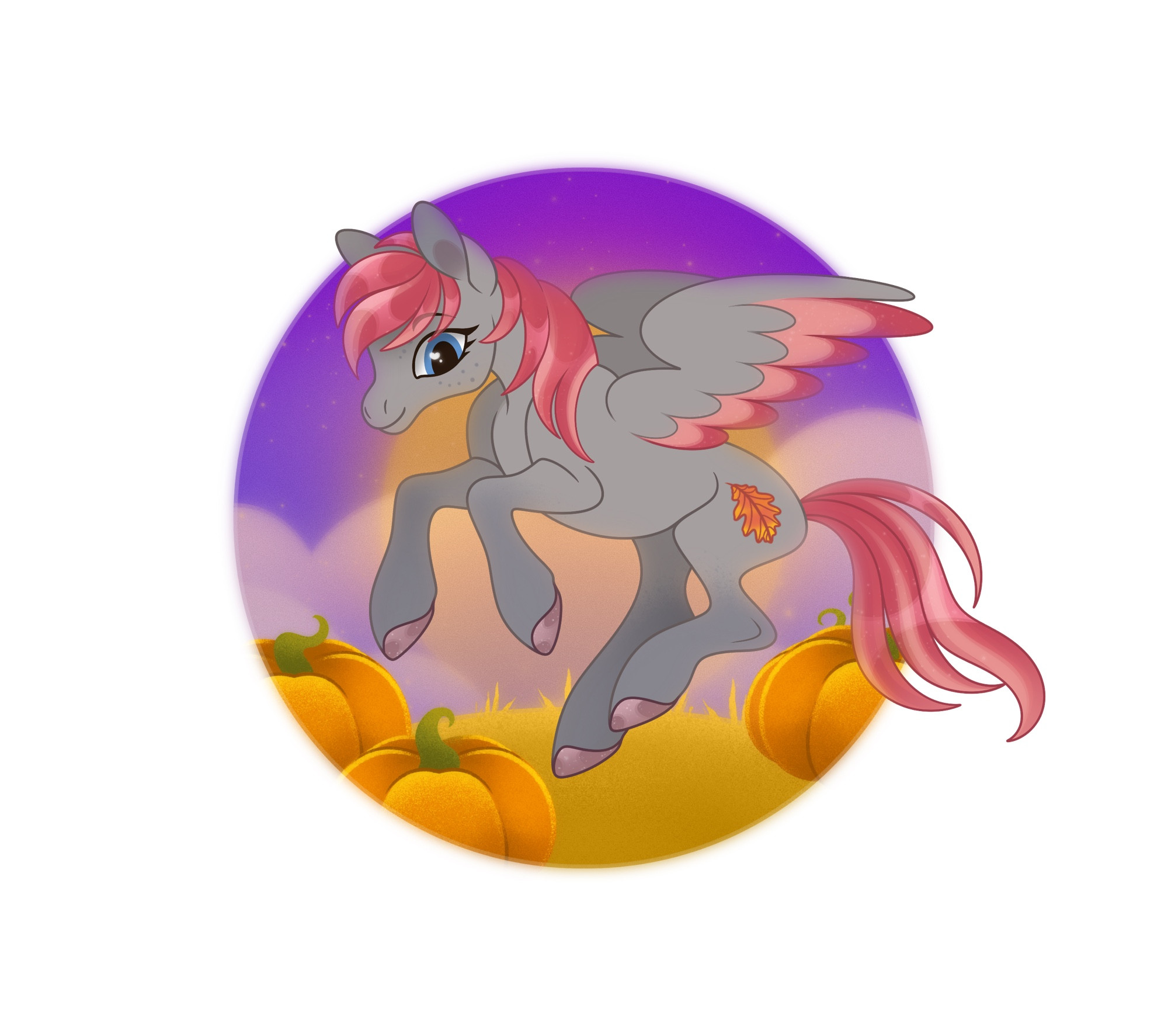 A pegusus mare in flight, hovering over a pumpkin patch.