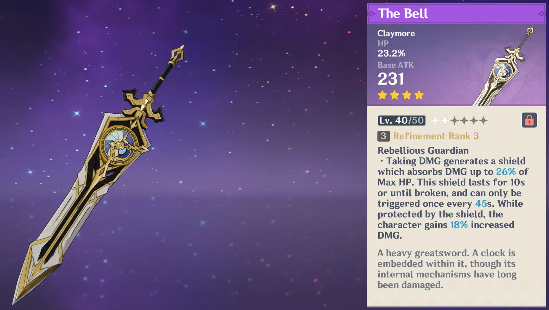 The Bell is a 4-Star claymore from Genshin Impact. It is part of the Wanderer's Troupe Series.