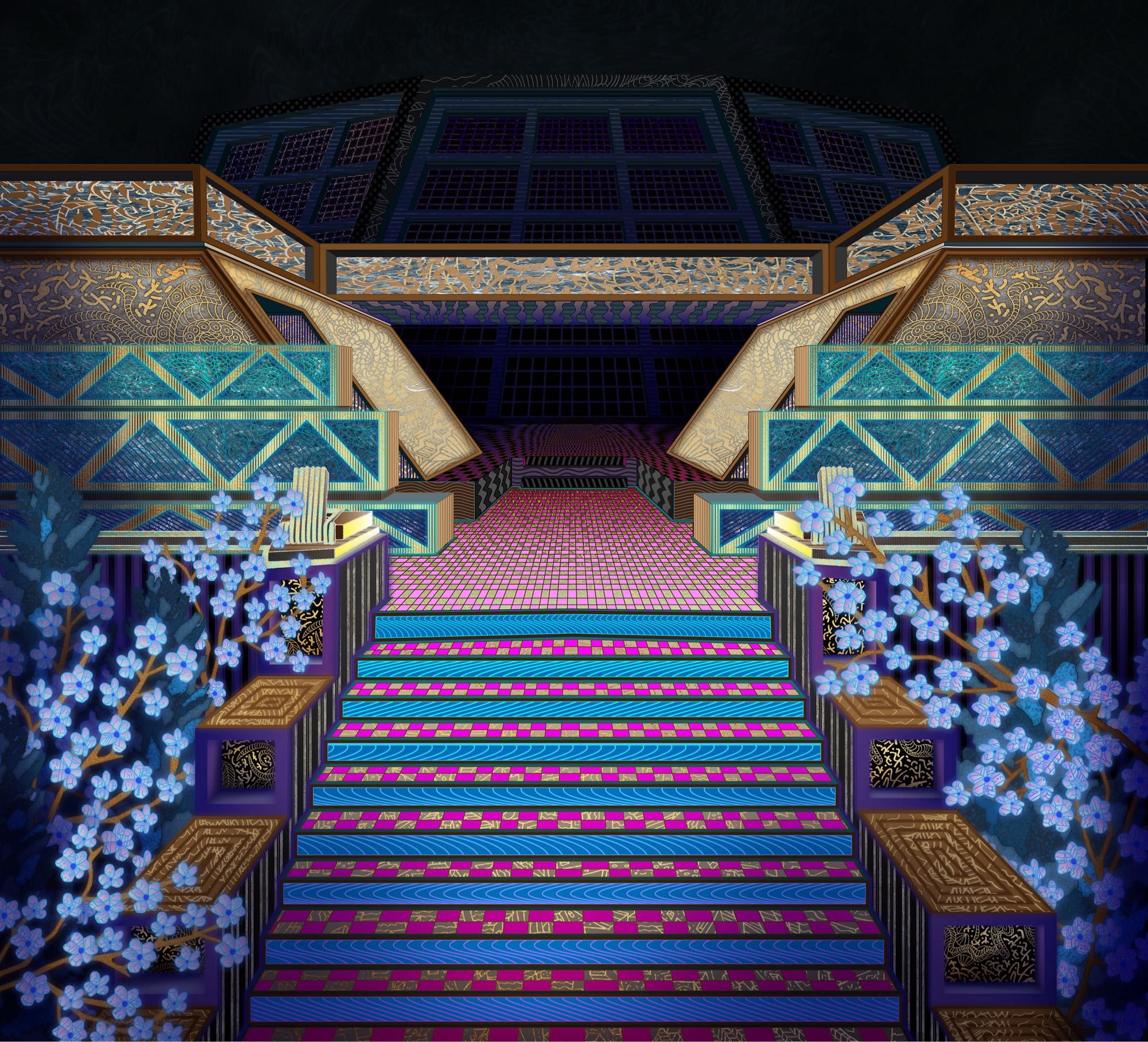 Surreal digital illustration of color geometric stairs leading up to a pyramid like structure