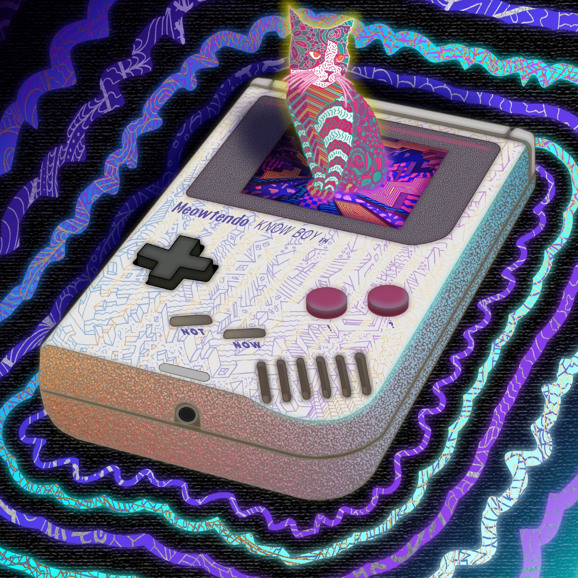 Surreal illustration of a colorful cat on top of a game boy