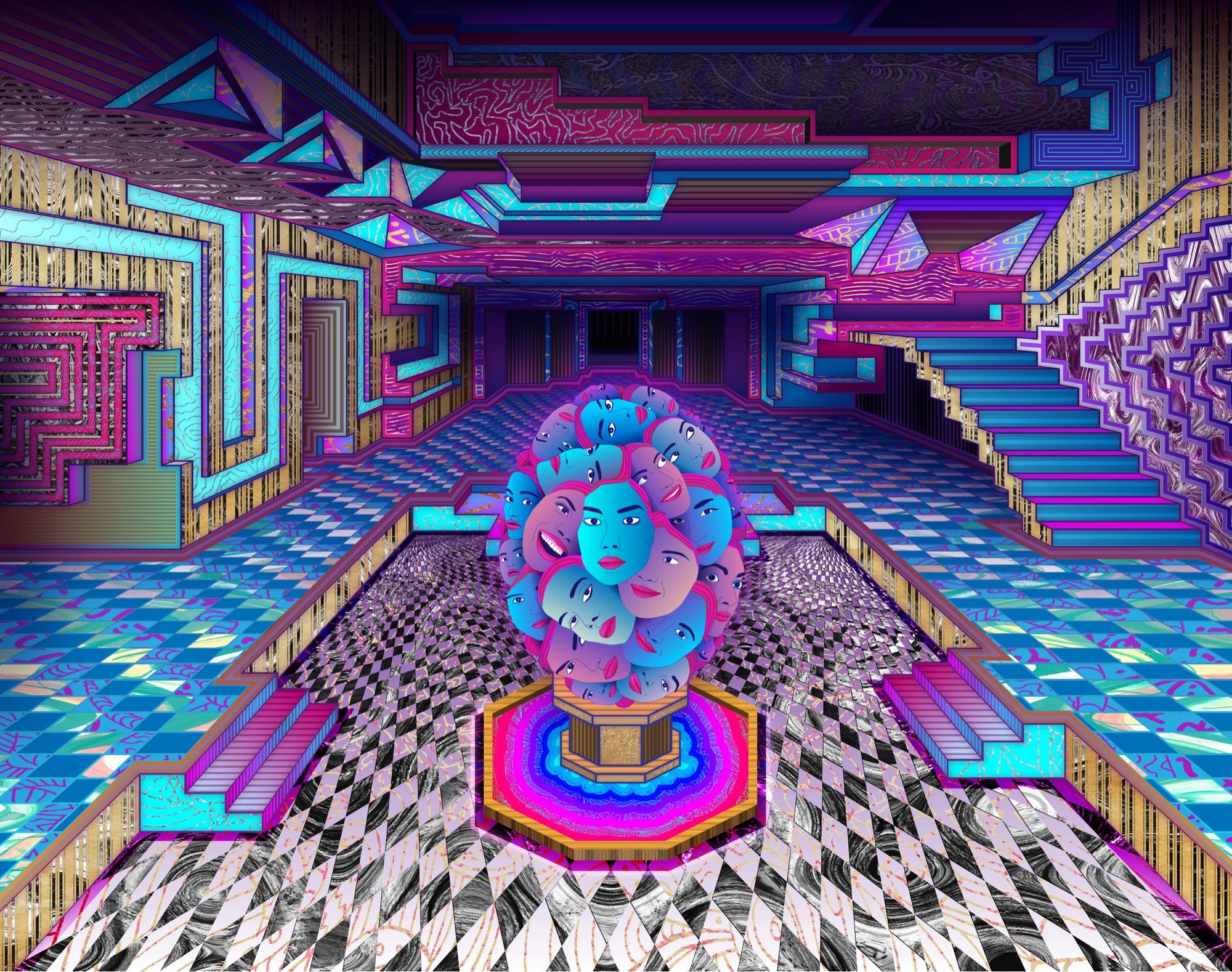 Surreal digital illustration of a large colorful geometric room. In the center of the room is a sculpture that is made up of many faces