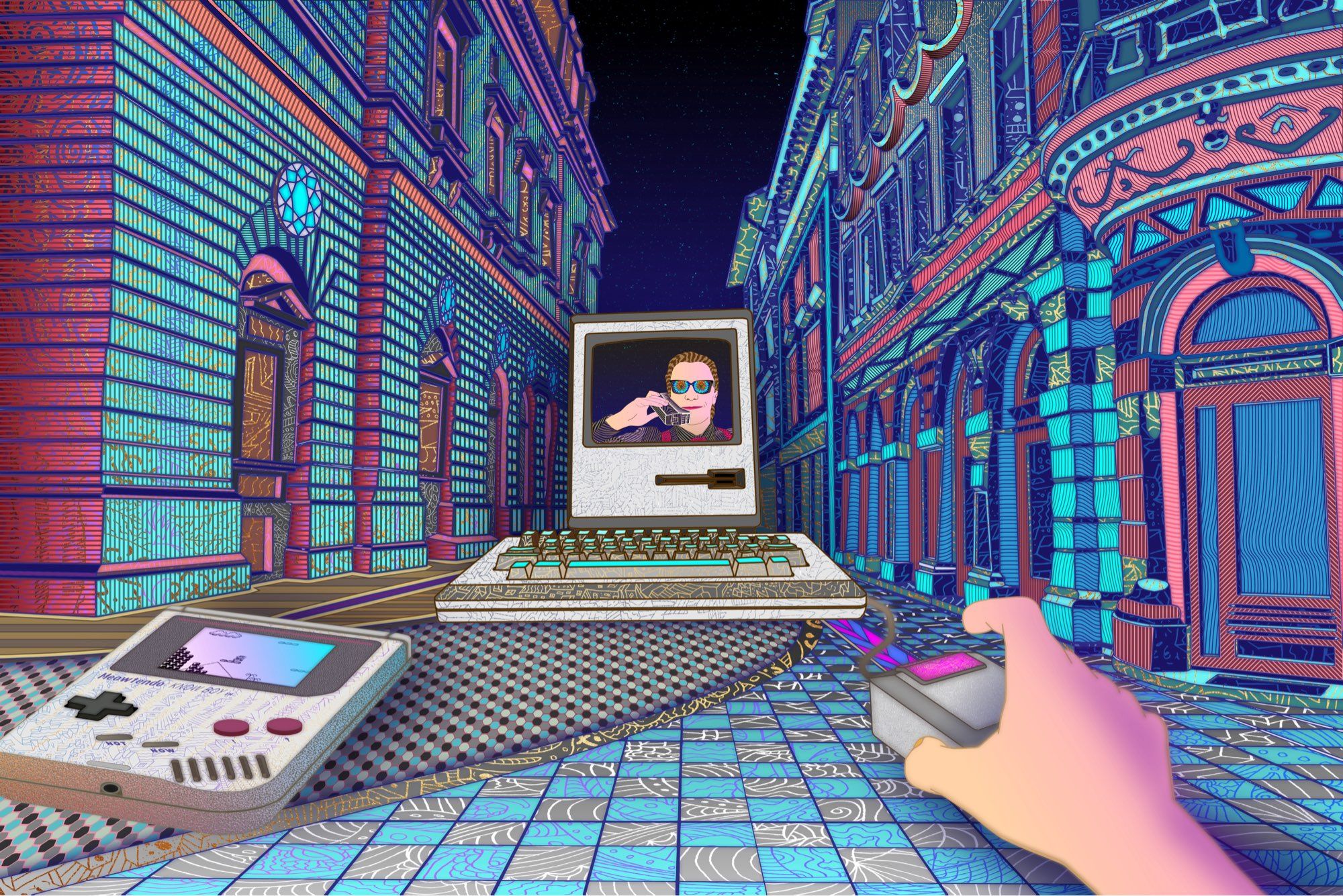 Surreal digital illustration of a colorful city street with a large computer in the center