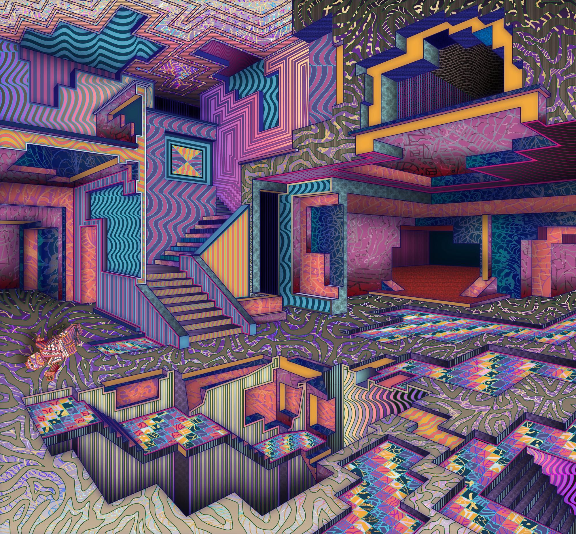 surreal digital illustration of a home with colorful geometric walls and floor with a staircase in the center