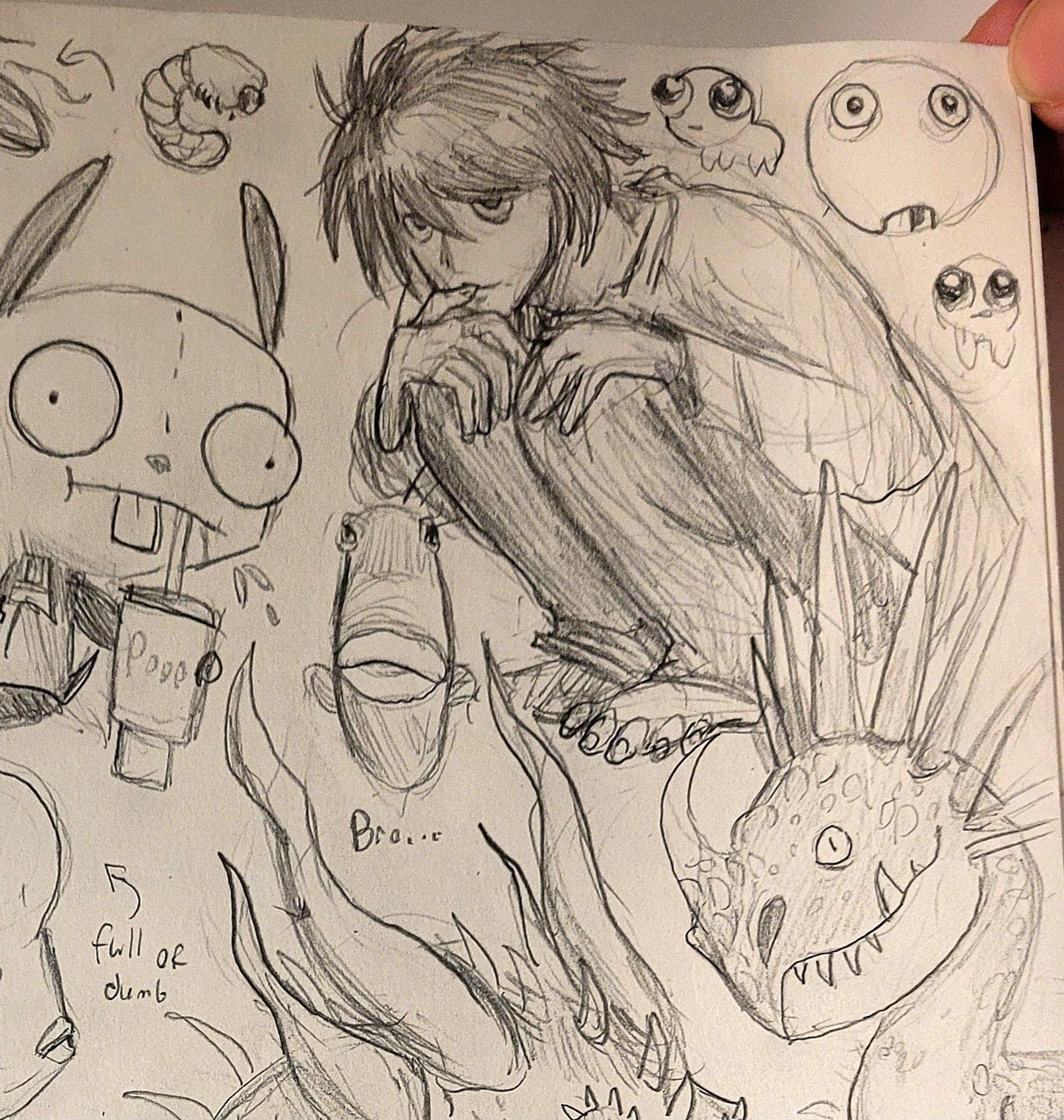 Pencil doodles, L from death note like a gremlin, funny fish, deadly nadder, autism creatures, gir