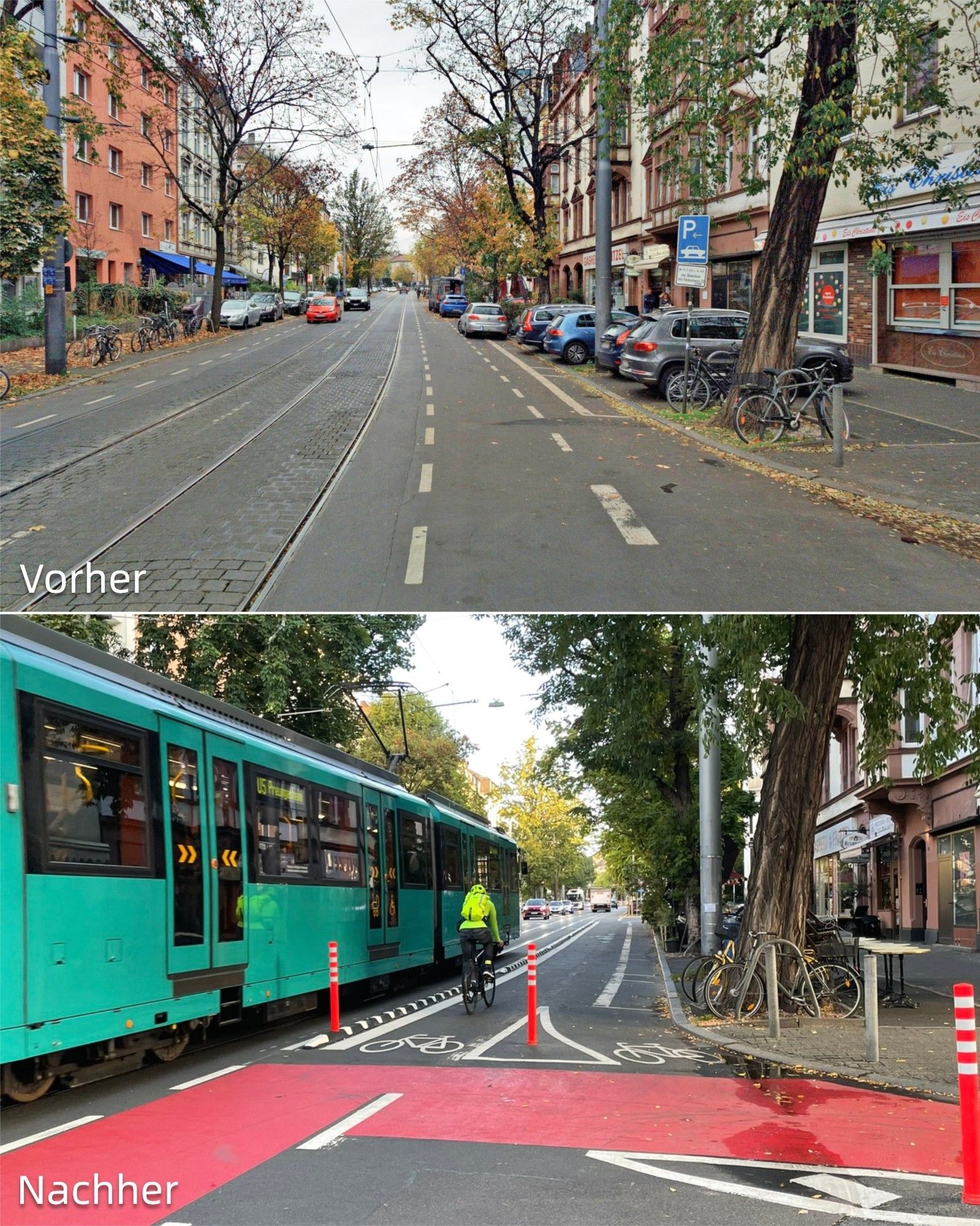 Poller gegen Falschparker auf einem Radstreifen längs zur Straßenbahn.