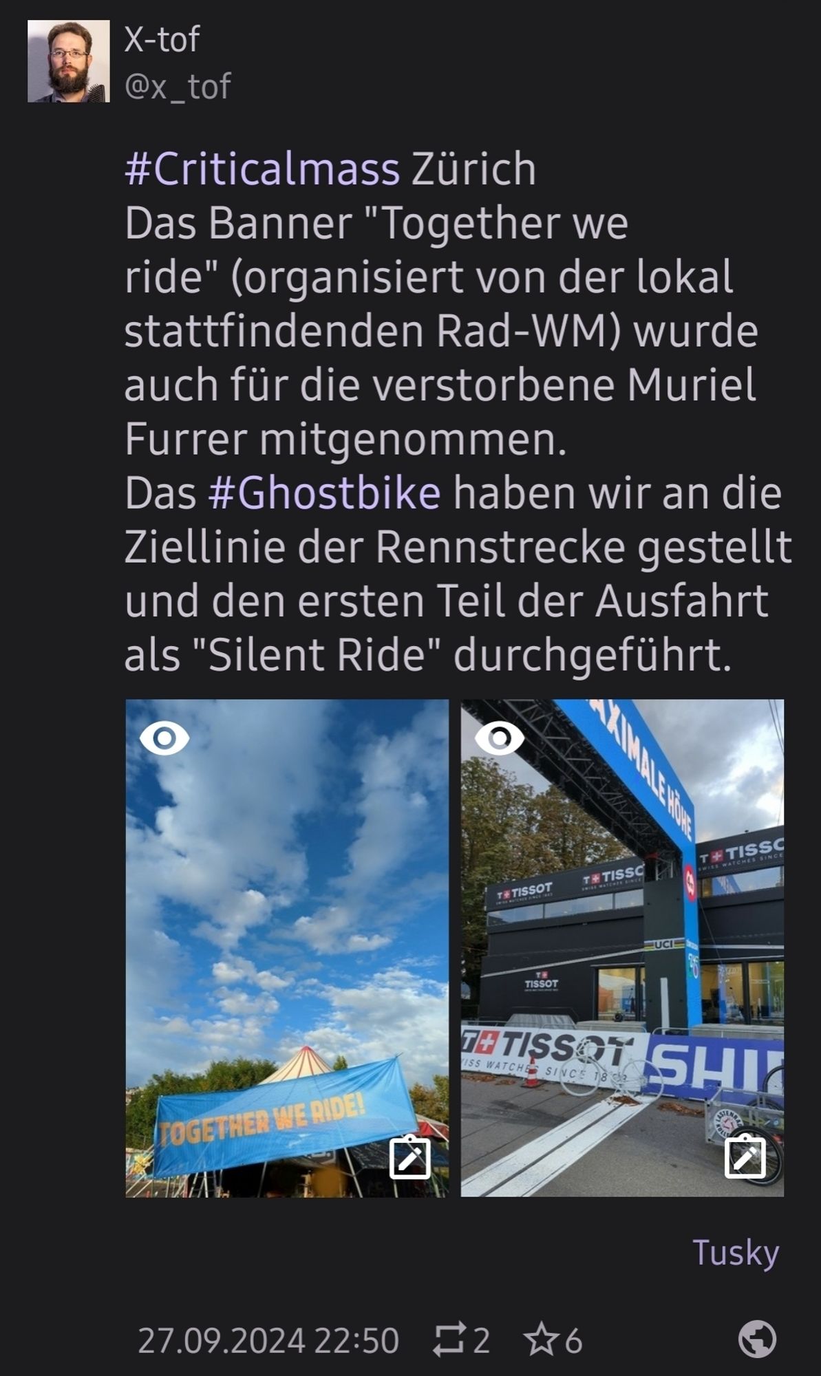 #Criticalmass Zürich
Das Banner "Together we ride" (organisiert von der lokal stattfindenden Rad-WM) wurde auch für die verstorbene Muriel Furrer mitgenommen.
Das #Ghostbike haben wir an die Ziellinie der Rennstrecke gestellt und den ersten Teil der Ausfahrt als "Silent Ride" durchgeführt.