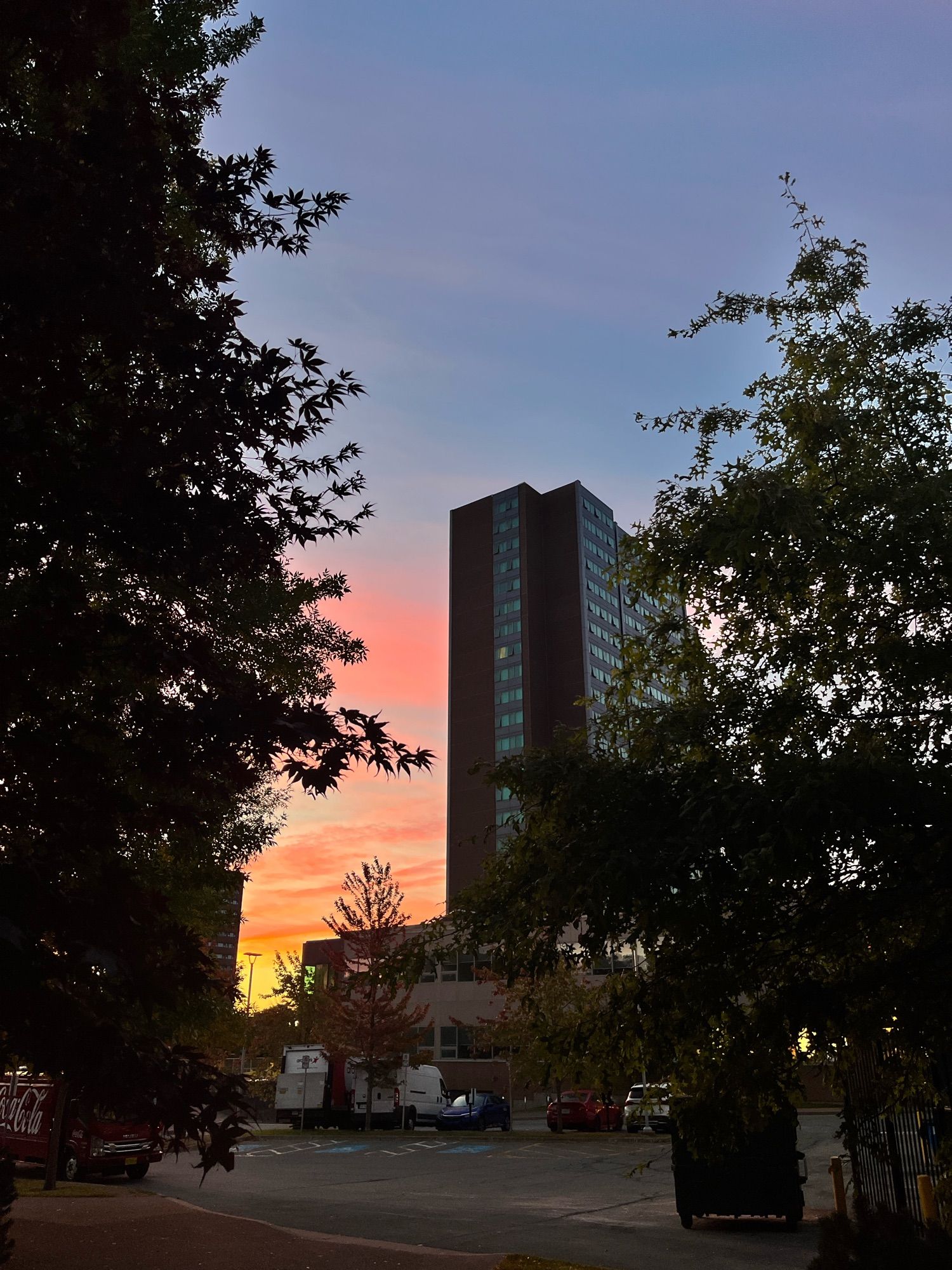 Image of a tall building behind some trees in the foreground. Notably, the sky fades from a blue at the top down to pink, orange, and yellow for the sunrise at the bottom