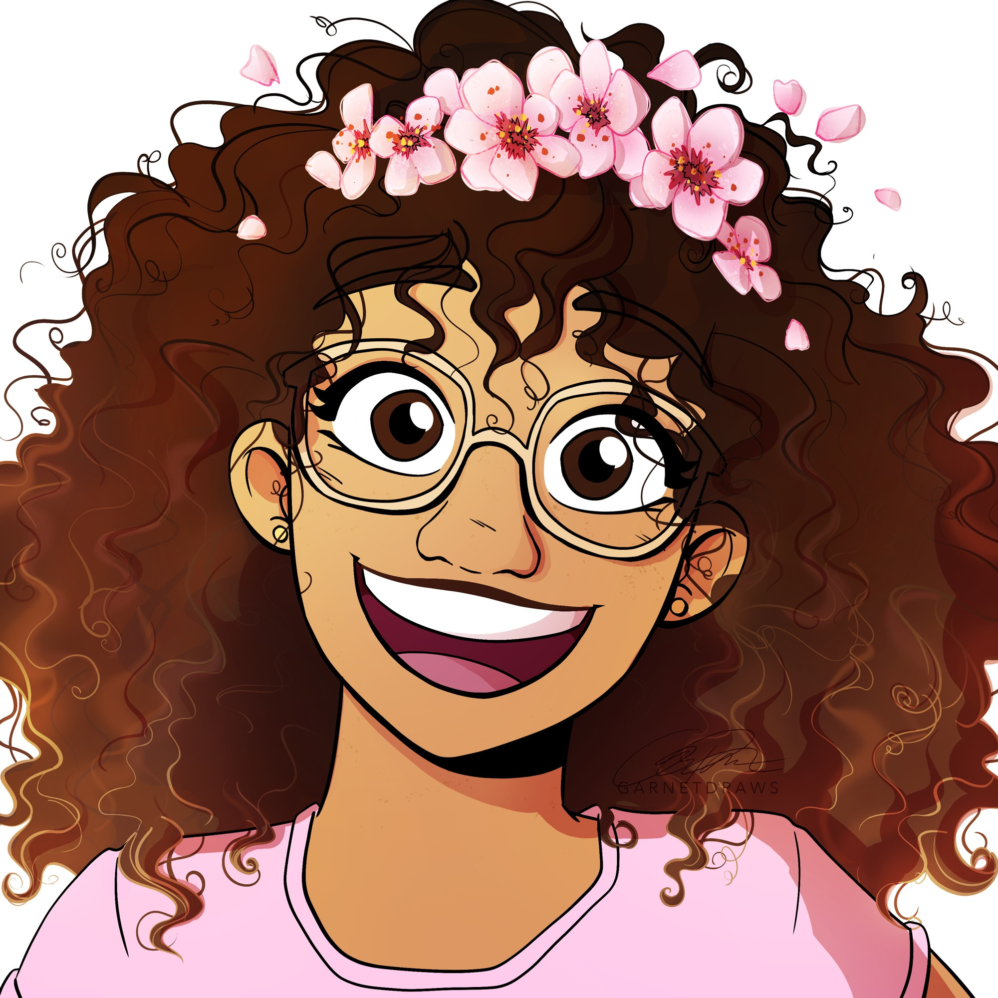 abbychan_, a curly haired, mixed Black girl,  is wearing gold glasses, a pink cherry blossom flower crown, a pink shirt, and small gold earrings.