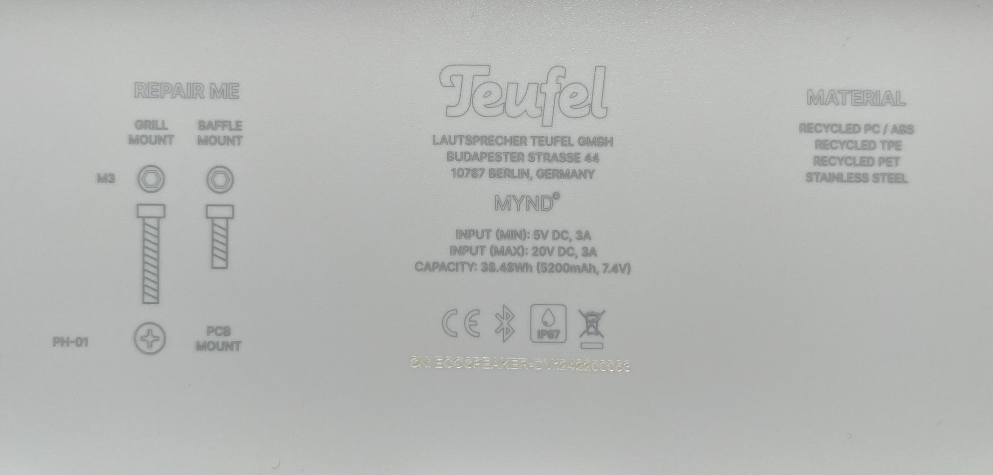 Bottom of the Speakers says "REPAIR ME" and prints screw dimensions (m3) and head specs (PH-01) for the PCB mount.
Next to the company logo there is also a brief electronics spec including the battery capacity "INPUT (MIN): SV DC, 3A INPUT (MAX): 20V DC, 3A CAPACITY: 38.48Wh (5200mAh, 7.4V)" 