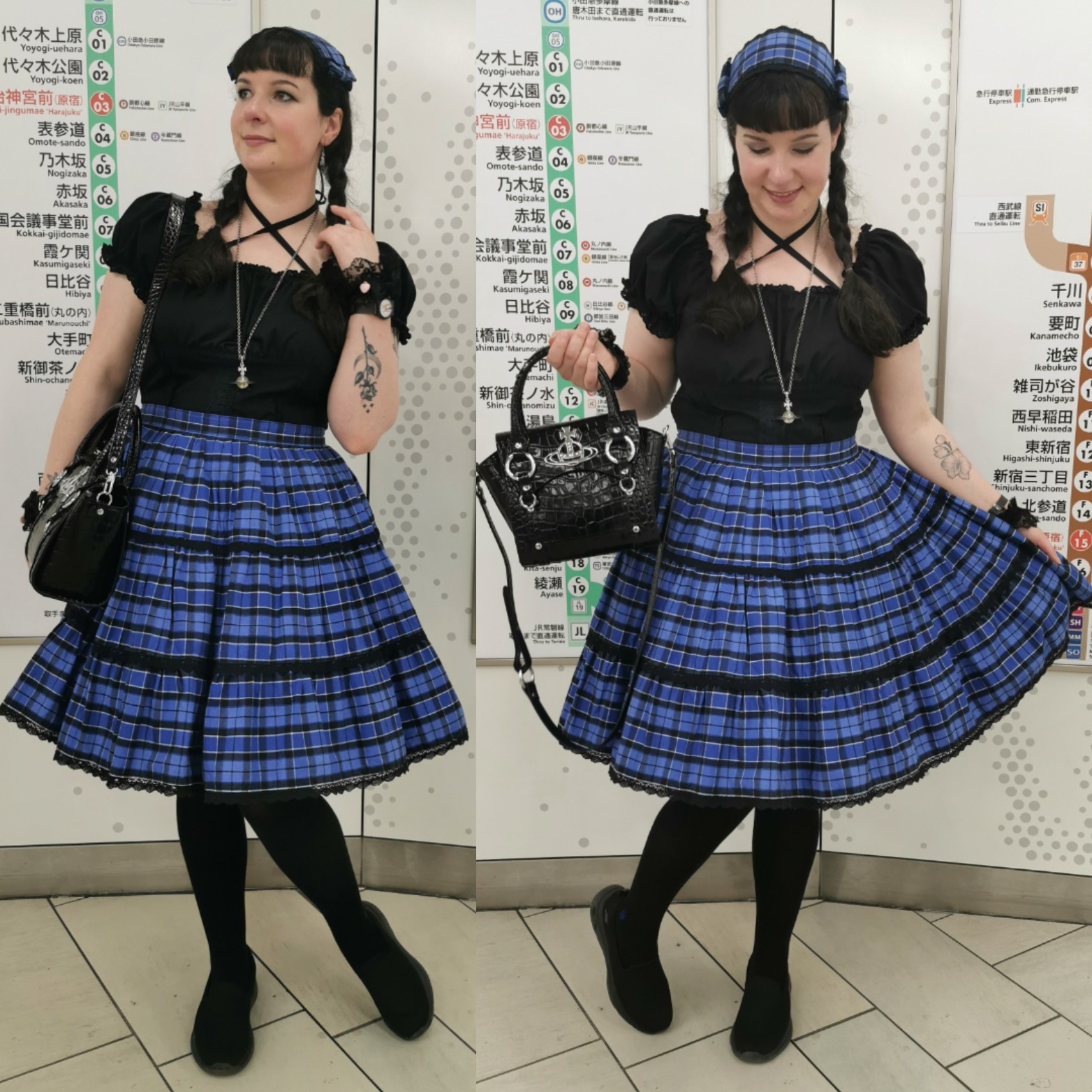 Woman (me) posing in front of a train line map. Two images are combined into one to show two different poses. I'm wearing a black short sleeve blouse with a blue skirt, with black socks, and holding a black handbag. 