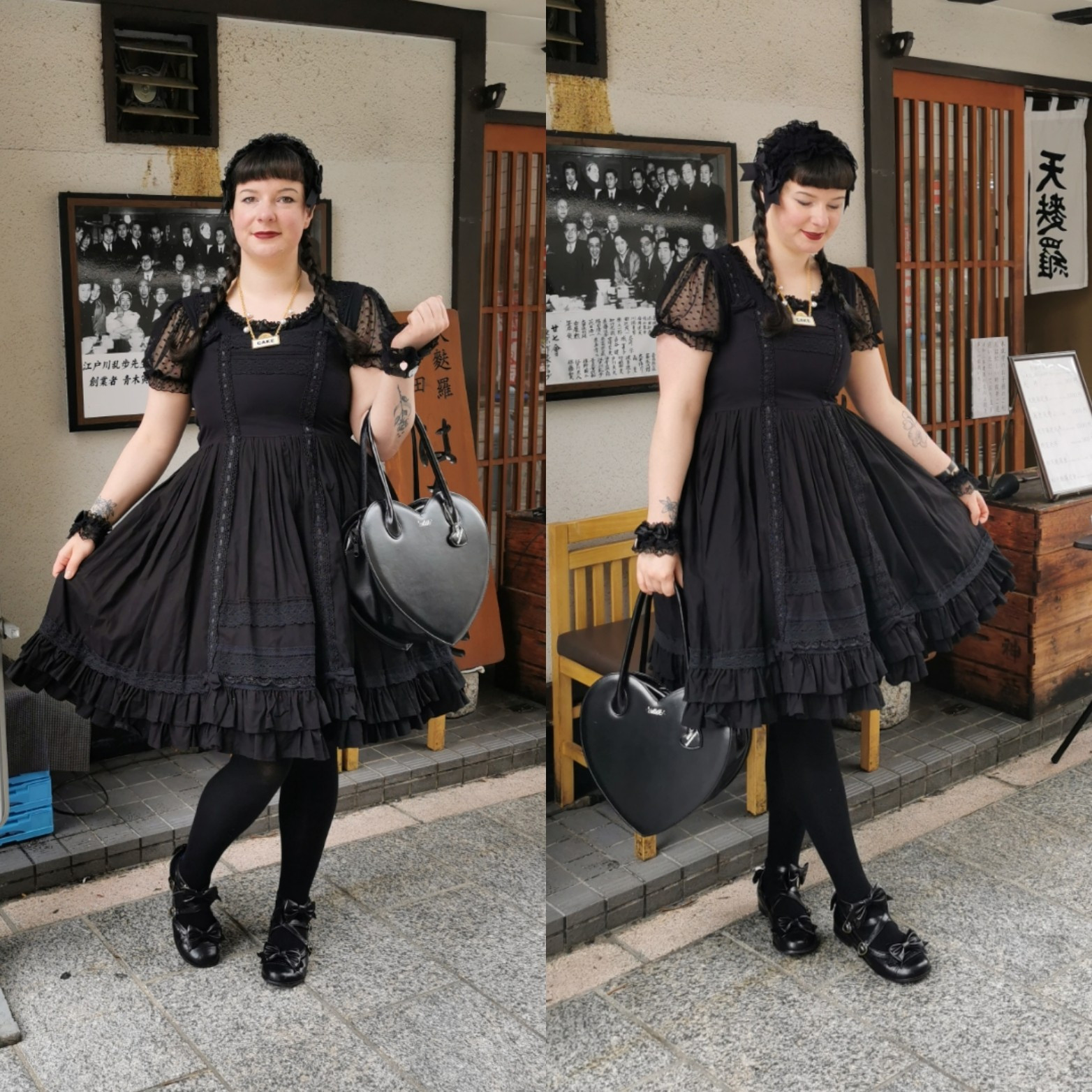 Two images in one. Myself doing two different poses to show my outfit. I'm wearing an egl dress in all black. 
I'm standing in front of a Japanese restaurant