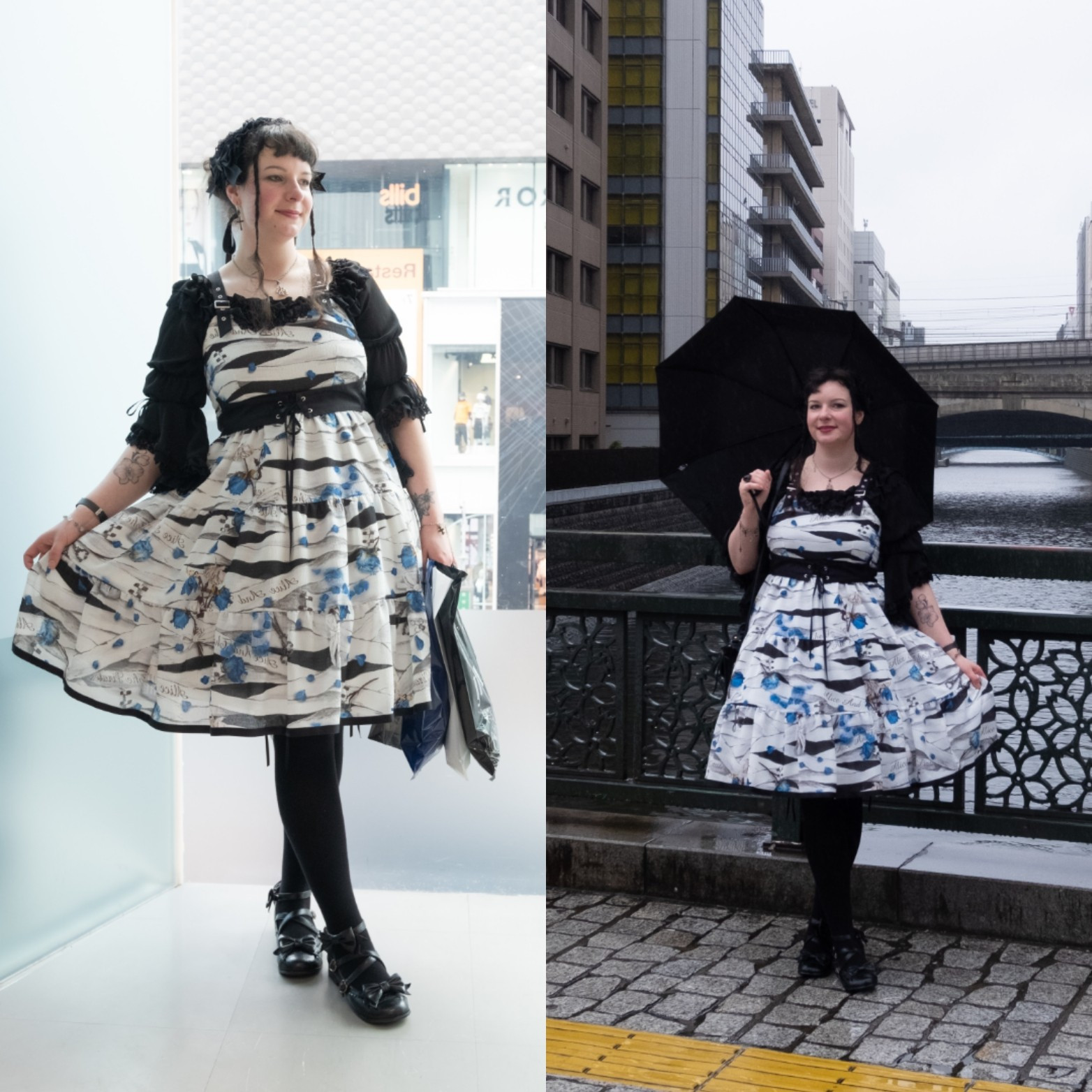 To images combined into one. 
Woman (me) showing off my outfit. Left image I'm standing in front of a light coloured background. I'm wearing a mostly white dress with a black shirt and black socks. 
Left image im standing in front of the railing of a bridge, I'm wearing the same outfit except I'm also holding an umbrella 