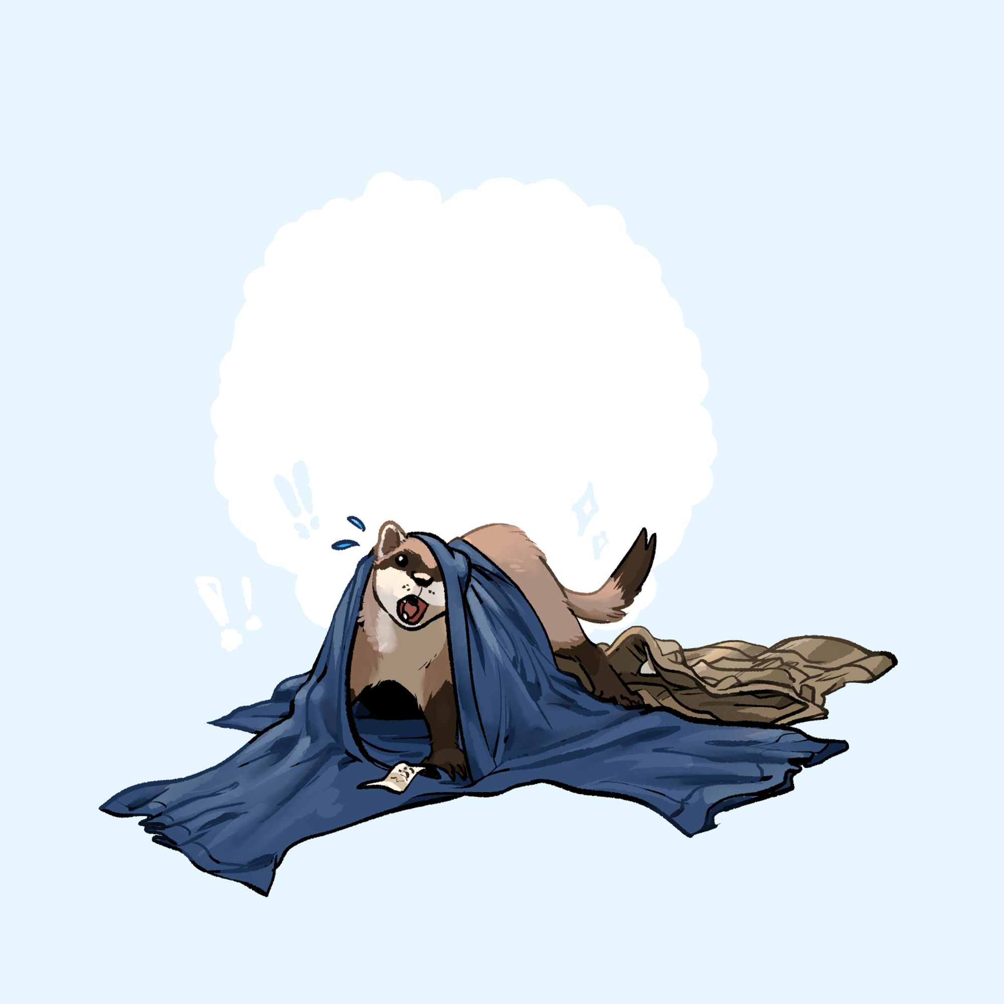 A piece of transformation art depicting a man who has transformed into a ferret. The ferret is crawling out of a large t-shirt that is now much too big for him, with a shocked expression on his face, and exclamation marks emphasize his surprise as he tries to free himself from the garment.