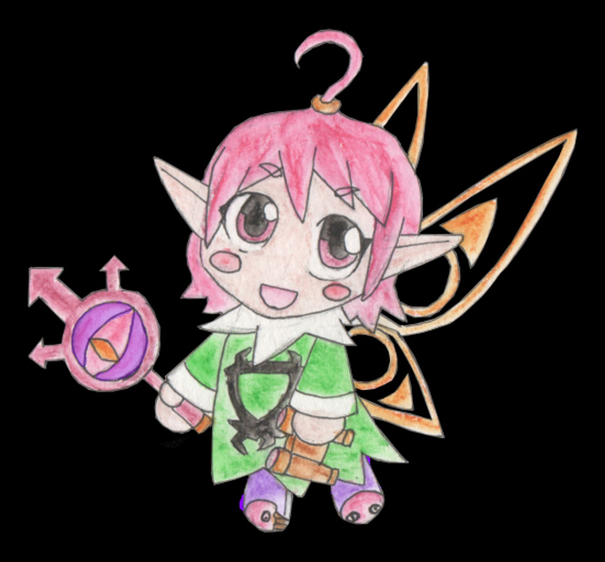 Nanihuh the lorefairy, a small pink haired cutey with evangelion angel wings, fnaf shoes, the zelda magnifying glass and hair that falls into a questionmark.