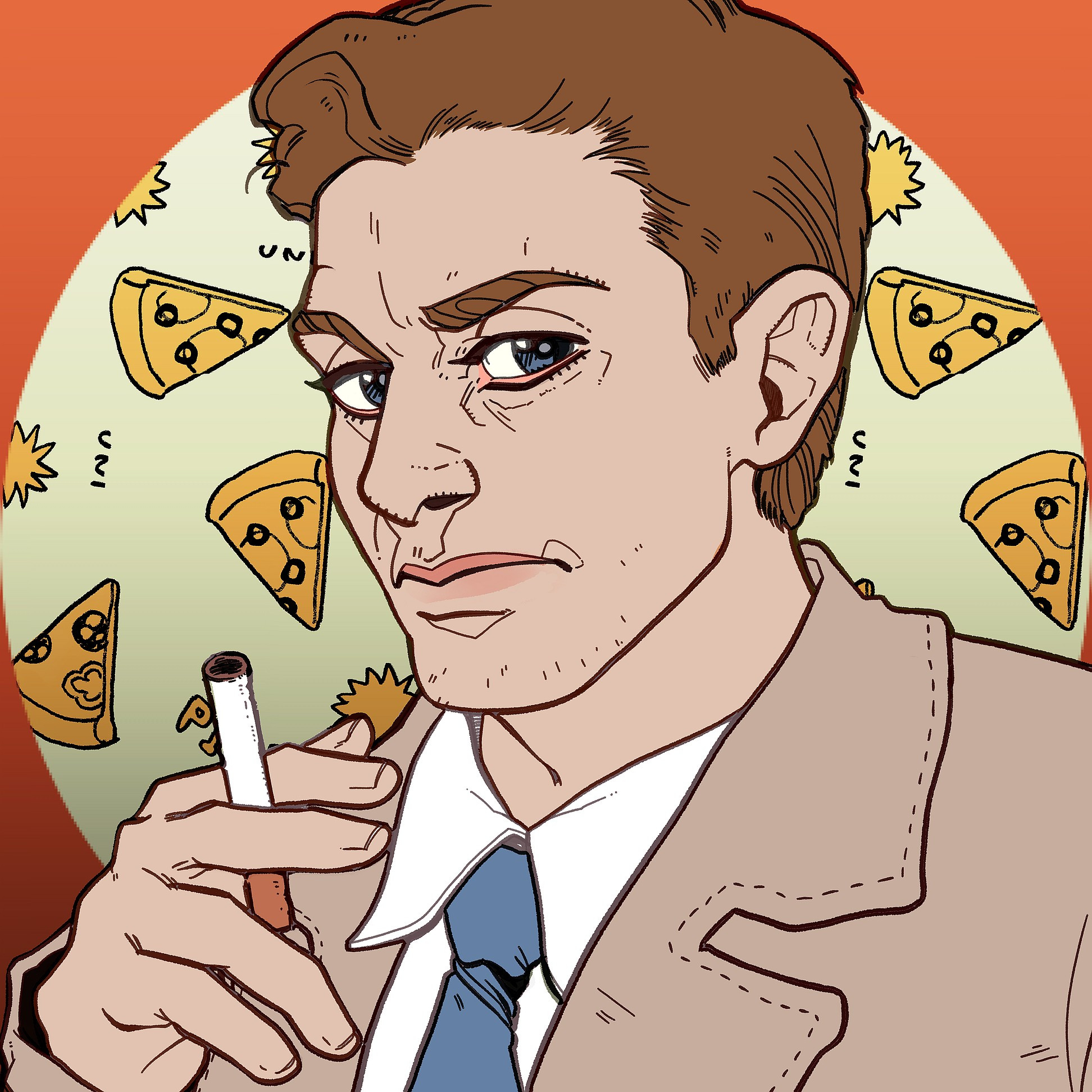 detective halligan from mystery of the druids smoking a cigarette, pizza is in the bg