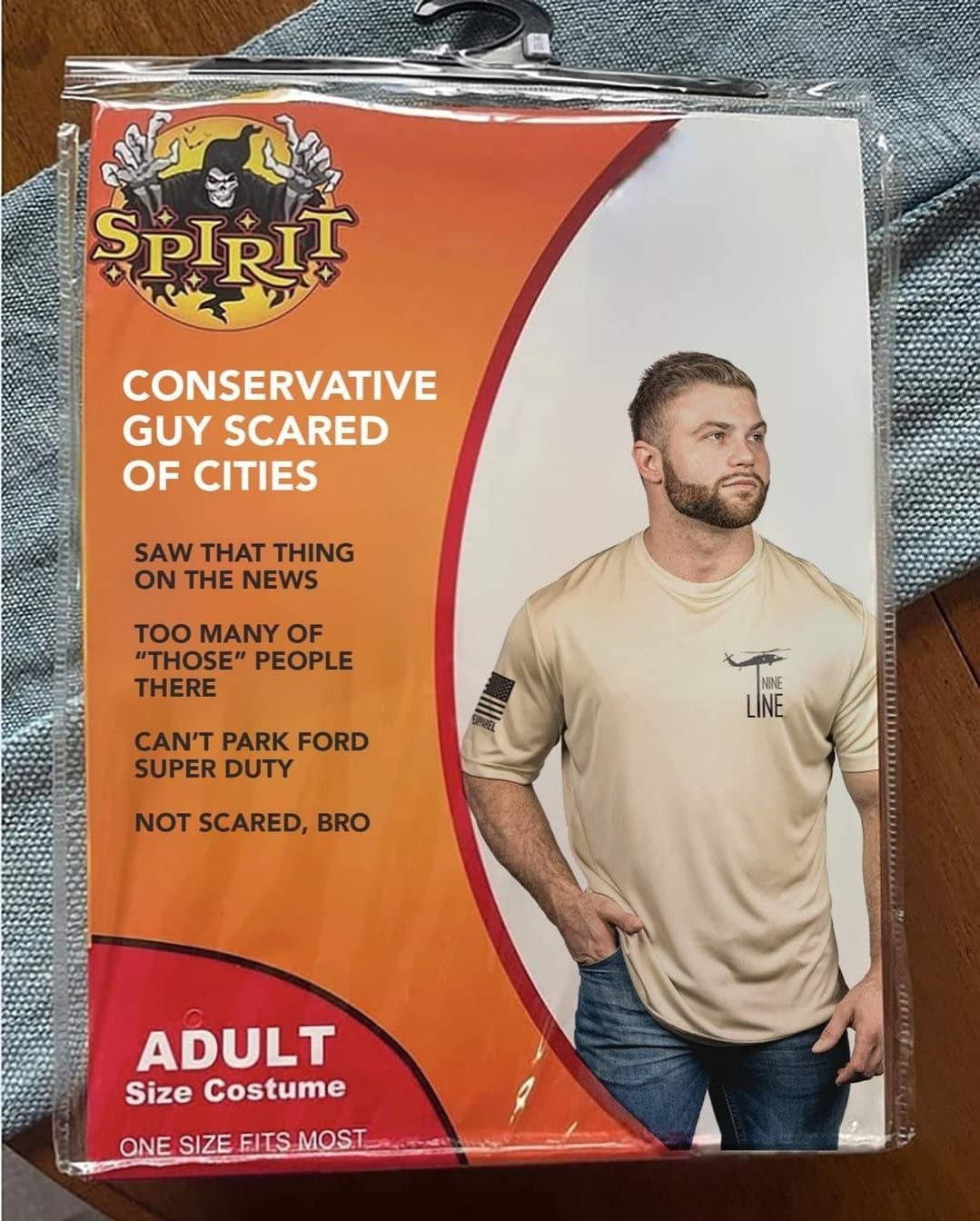 Spirit Halloween costume of white conservative-looking guy 

Text reads: conservative guy scared of cities

Saw that thing on the news
Too many of "those" people there
Can't park ford super duty
Not scared bro

Adult size costume

#urbanism+