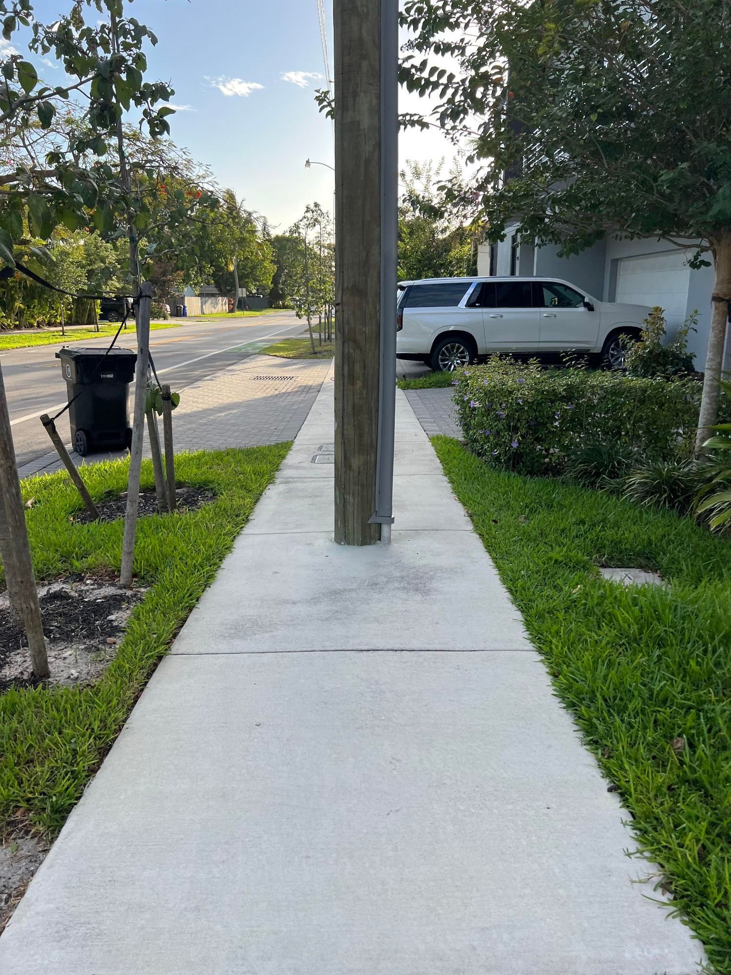 utility pole in the middle of a sidewalk on a suburban street (though this can be seen everywhere in America) that splits the sidewalk into two basically preventing anyone with a disability that uses a wheelchair from passing. Grass on on both sides of the sidewalk, but this is not always the case and can be even more challenging for folks with disabilities. ♿ #accessiblecities #urbanism