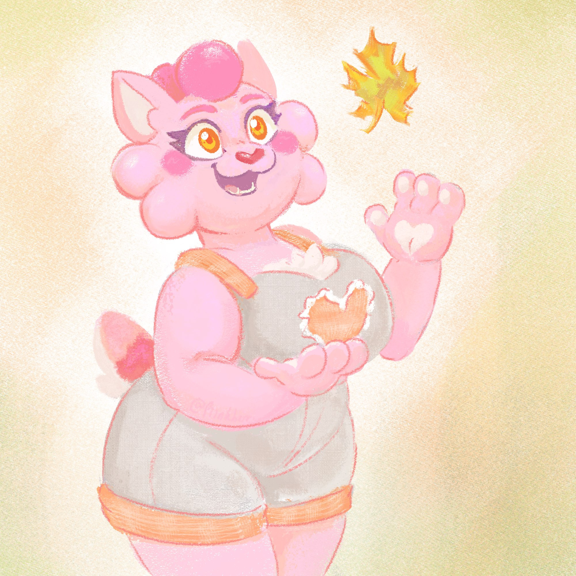 A sketch of Piinkberri in dry crayon-like brushes. They are smiling with their arms raised at a falling autumn leaf. Their overalls are gray and orange instead of their usual blue and pink