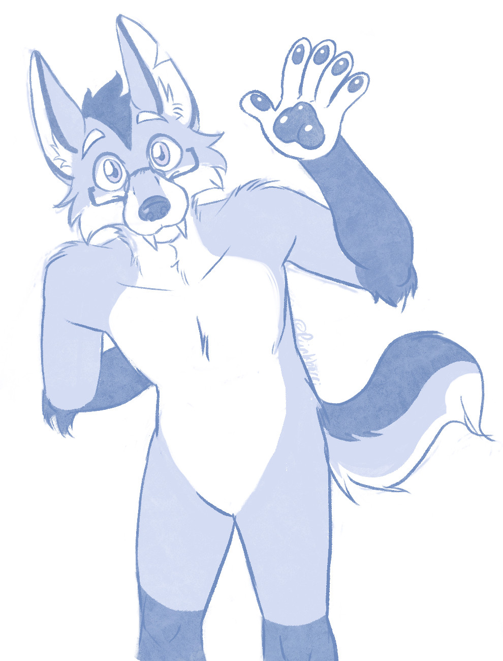 Blue sketch of an anthro wolf with big fangs, wearing glasses, waving at the camera in a friendly way 