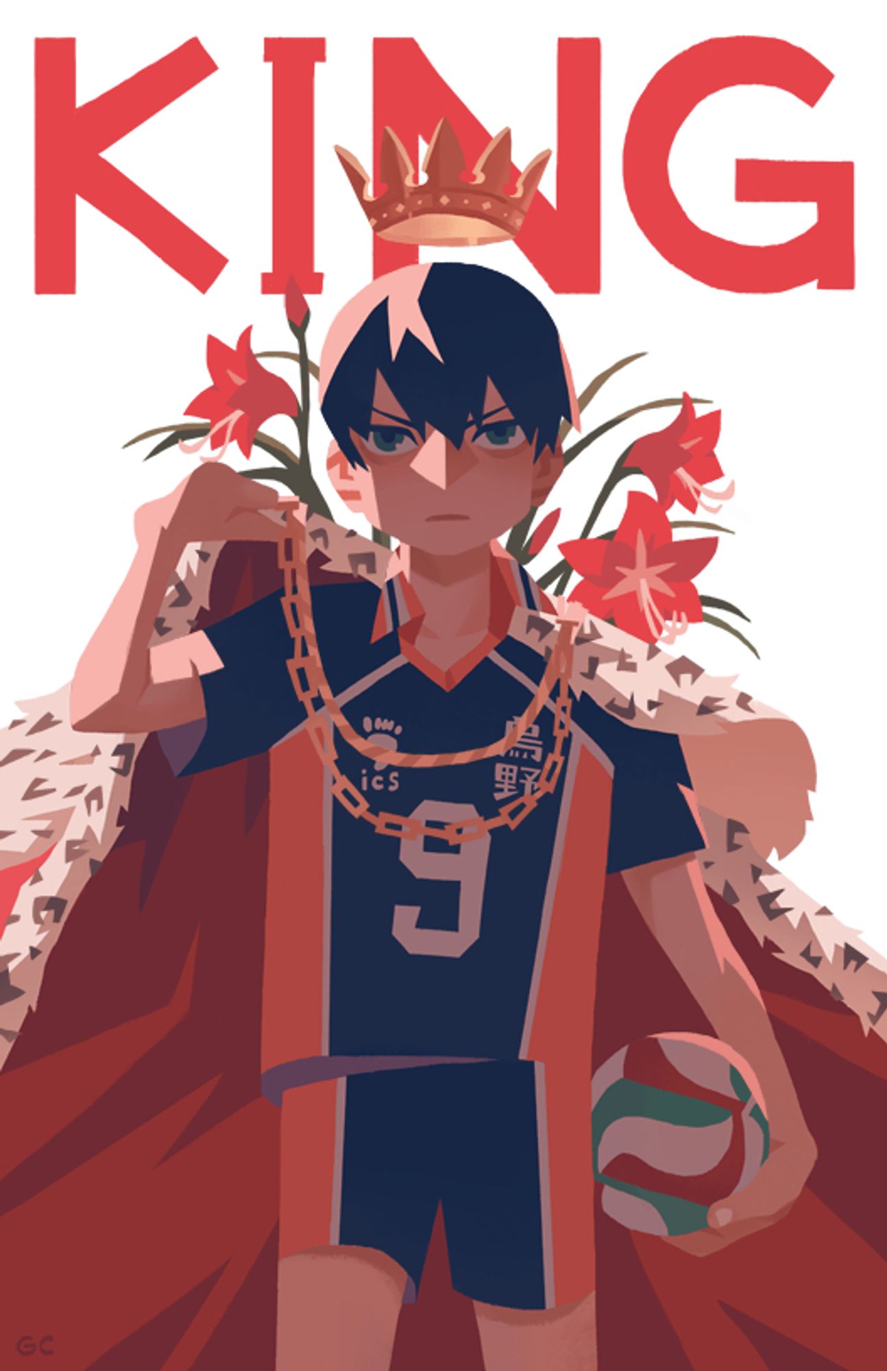 fan art of kageyama from haikyuu. there is a crown over his his head and he hold a kingly cape over his shoulder. his face is framed with red lilies and "king" is written behind him in red letters