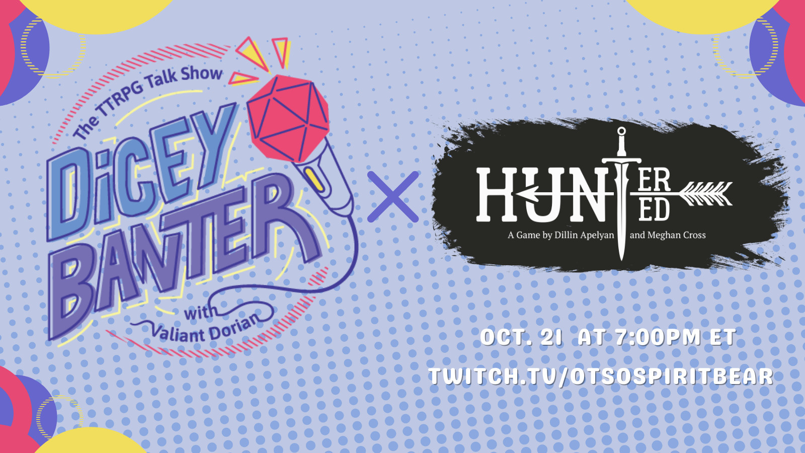 A promotional graphic featuring the Dicey Banter logo set against a pink geometric background. The right-hand side features the logo of Huntered