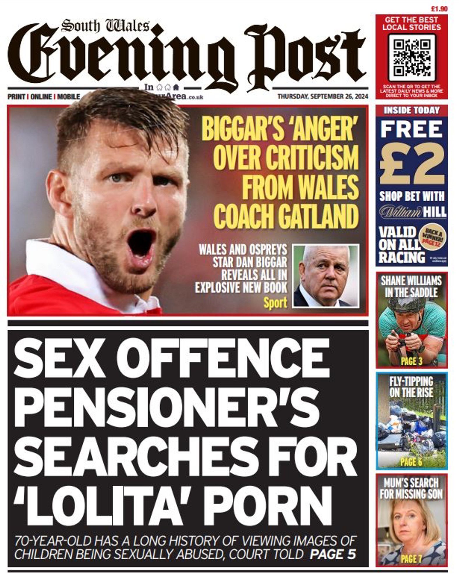 Front page of the South Wales Evening Post newspaper. Headline reads “Sex offence pensioner’s search for ‘Lolita’ porn”