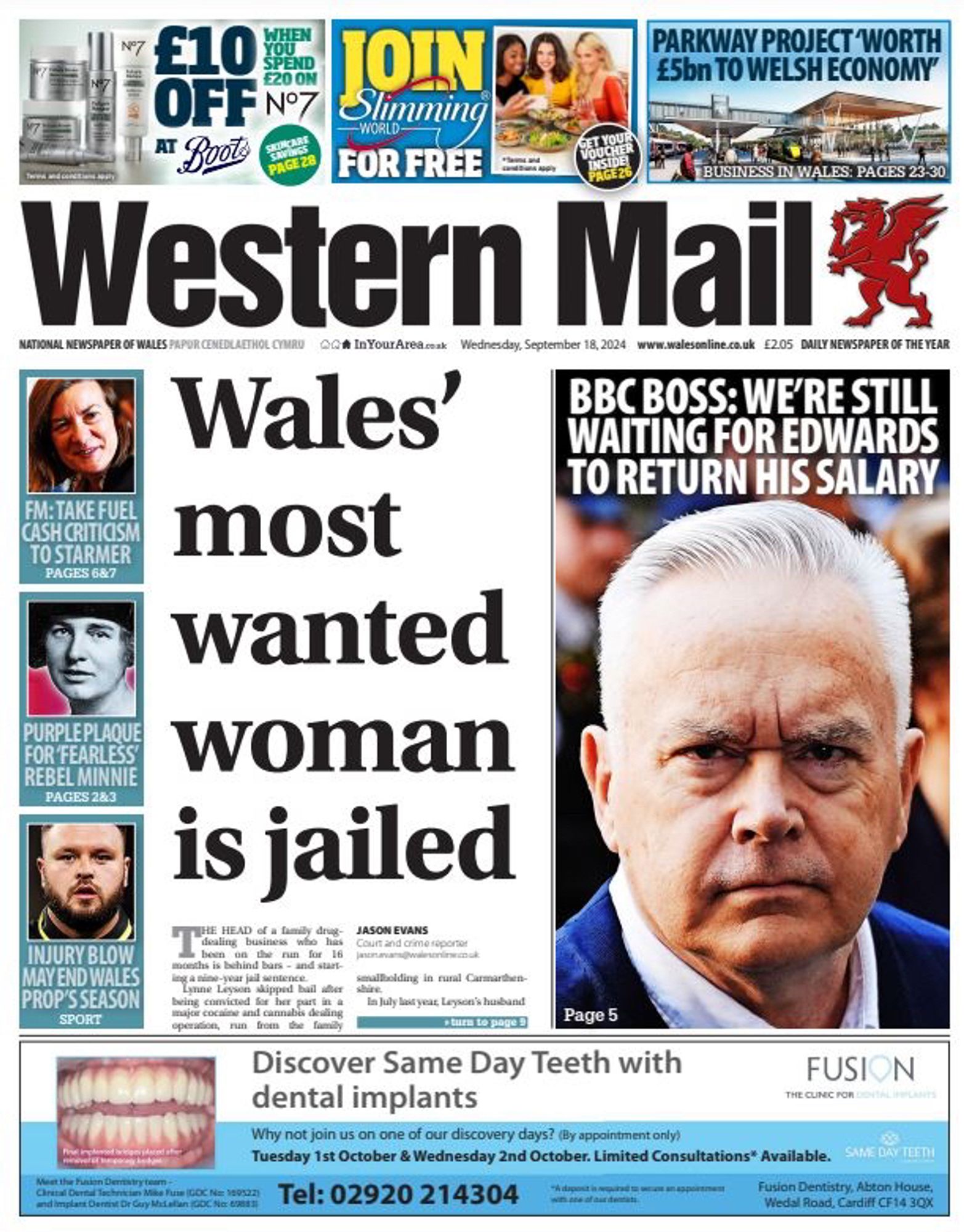 Front page of the Western Mail newspaper. Headline reads “Wales’ most wanted woman is jailed”