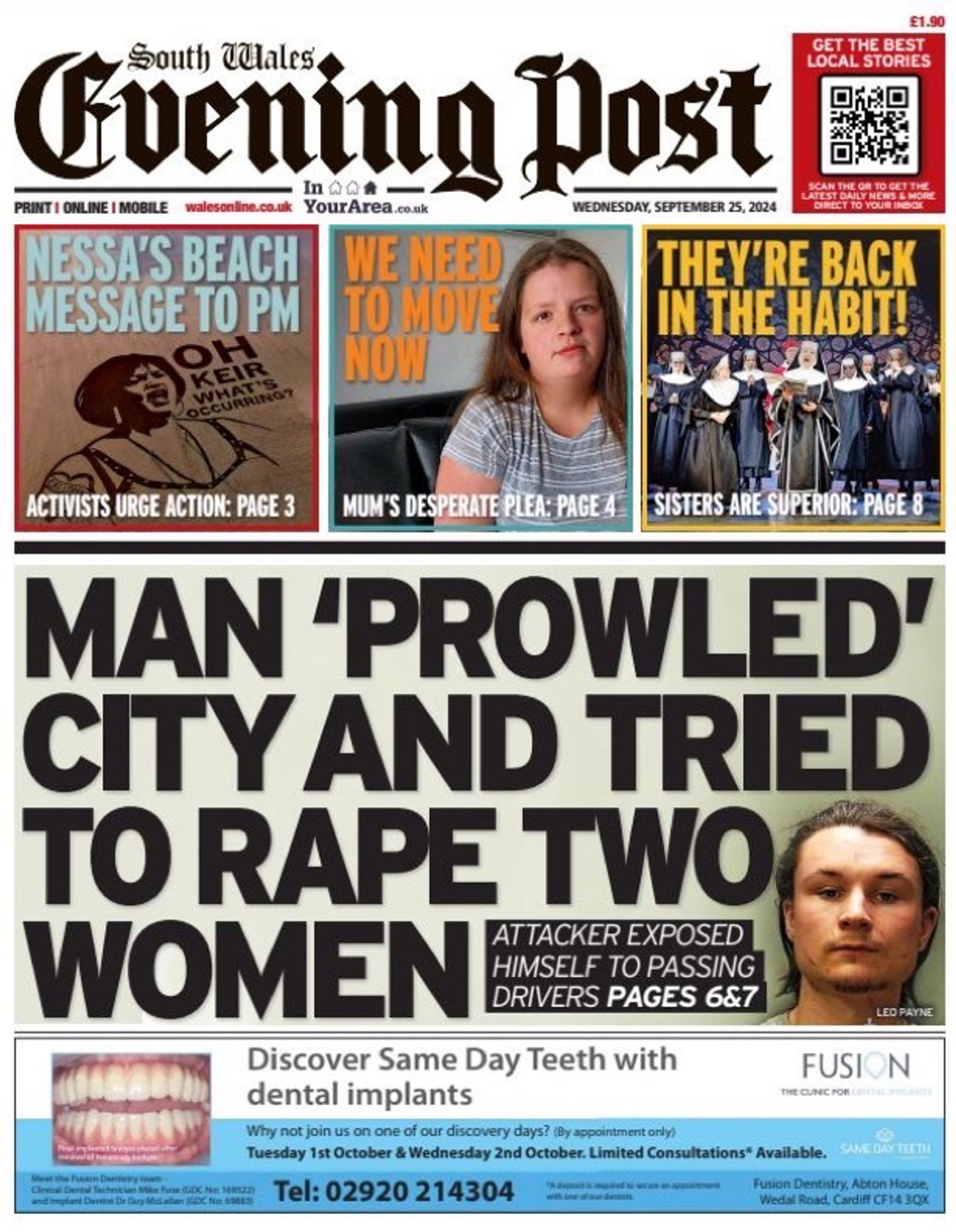 Front page of the South Wales Evening Post newspaper. Headline reads “Man ‘prowled’ city centre and tried to rape two women”