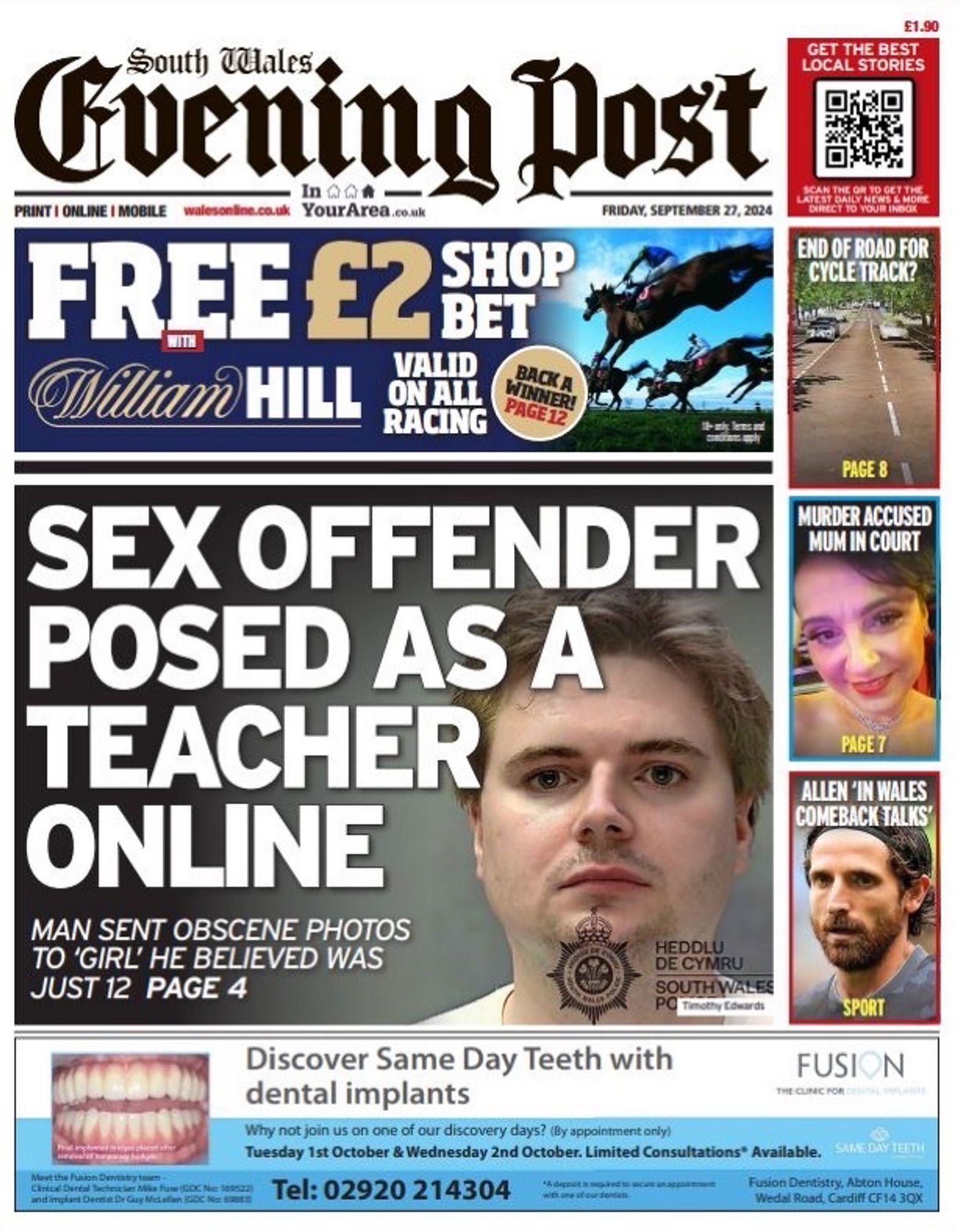 Front page of the South Wales Evening Post newspaper. Headline reads “Sex offender posed as a teacher online”