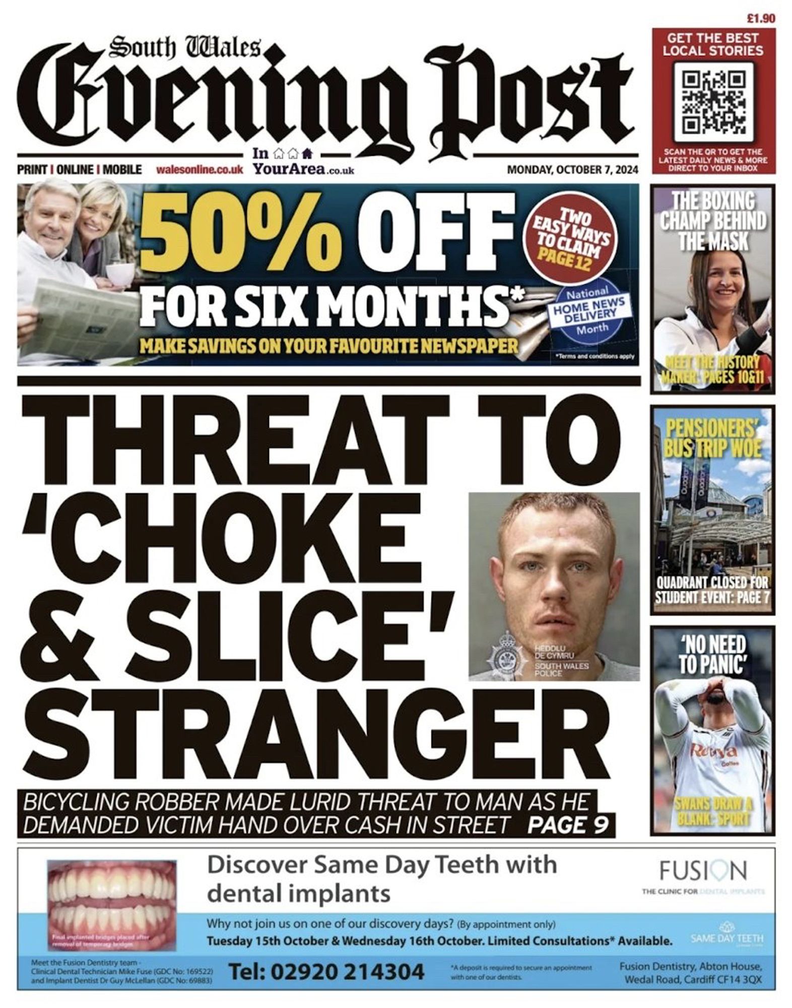 Front page of the South Wales Evening Post newspaper. Headline reads “Threat to ‘choke and slice’ stranger”