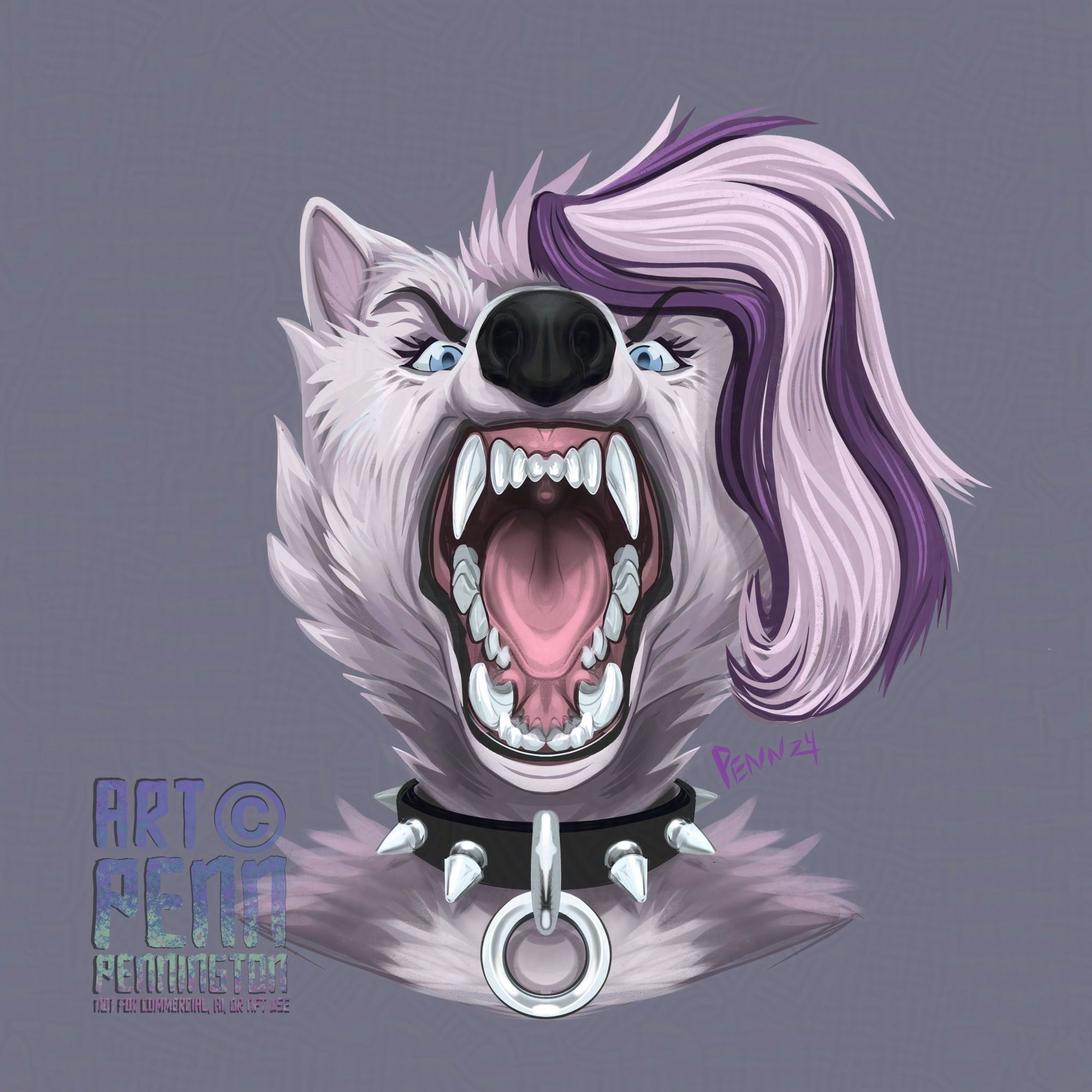 A symmetrical portrait of a lavender and purple werewolf with her mouth open showing off her fangs. She is wearing a black spiked collar with an O-ring in the front.