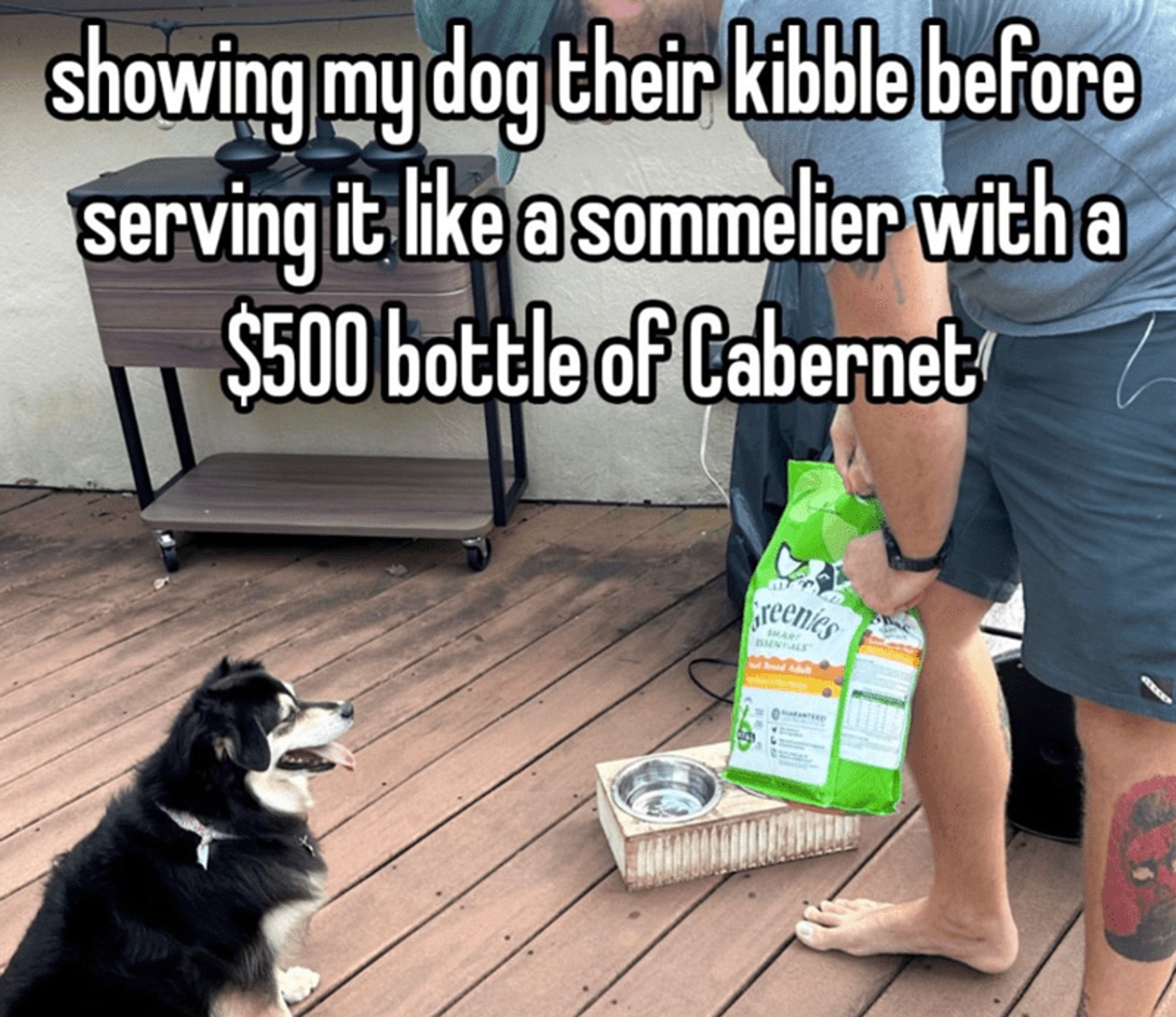 Showing my dog their kibble before serving it like a sommelier with a $500 bottle of Cabernet

Pic is of pet parent presenting an unopened bag of Greenies dog food next to an empty food bowl with the dog looking at the bag deciding whether or not to accept.