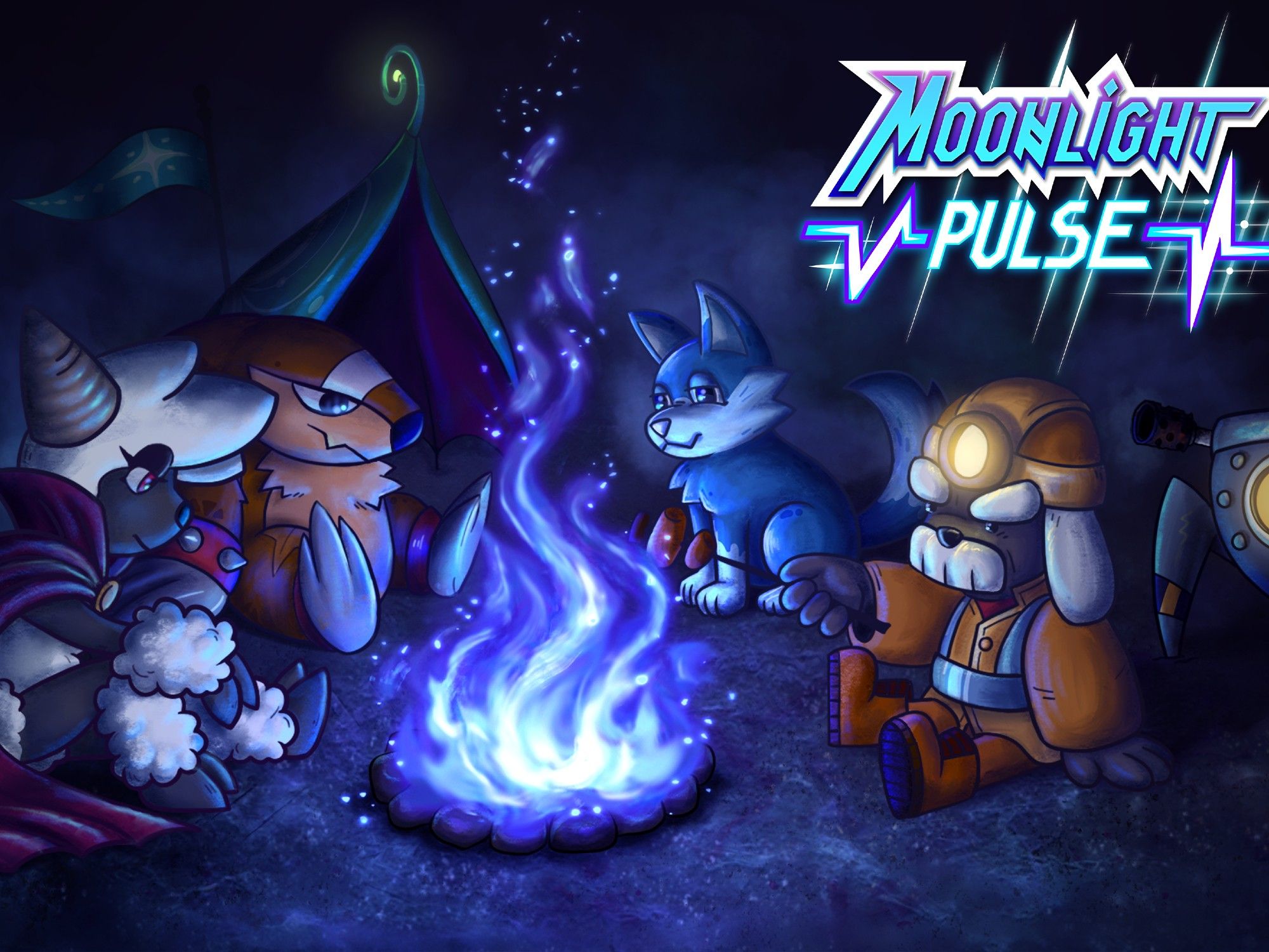 The four protagonists of Moonlight Pulse sitting down around a blue campfire.